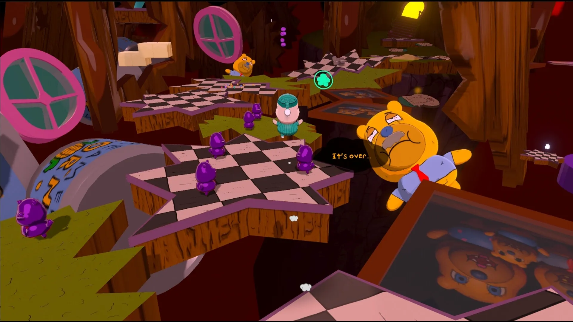 Mr. Sleepy Man: Navigating checkerboard platforms with purple creatures in a whimsical forest setting.