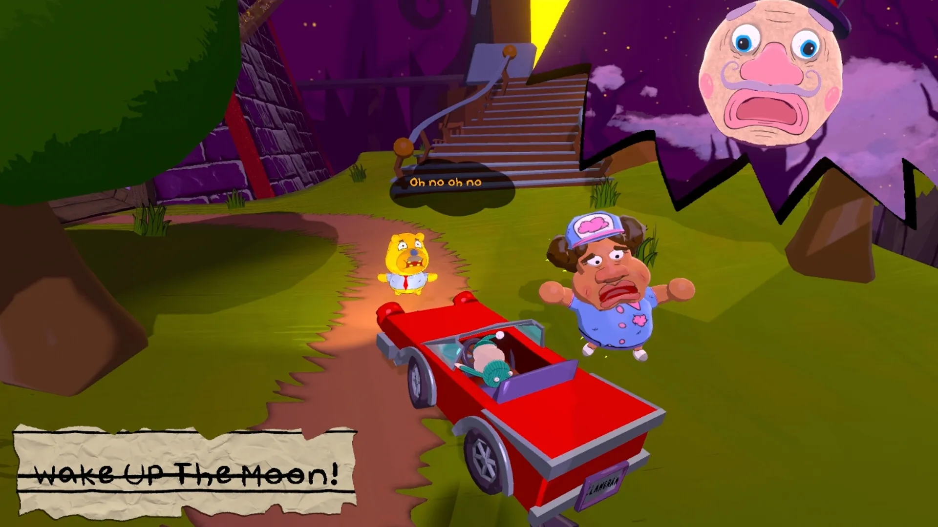 Mr. Sleepy Man: Driving a red car past a panicked character under a startled moon in Bedtime Town