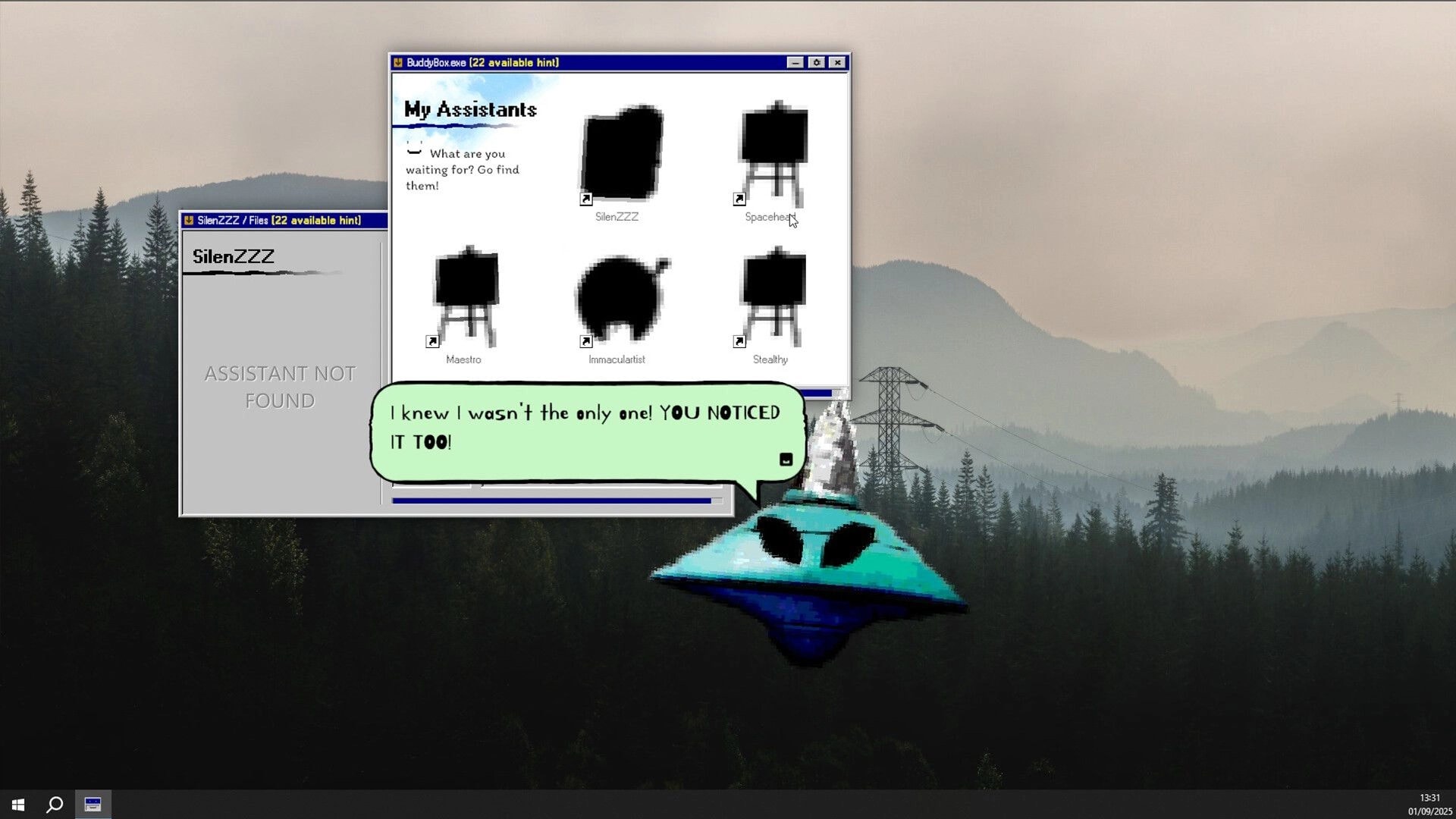 My Helpers: Assistant selection window with SilenZZZ files and a UFO helper dialogue on desktop.