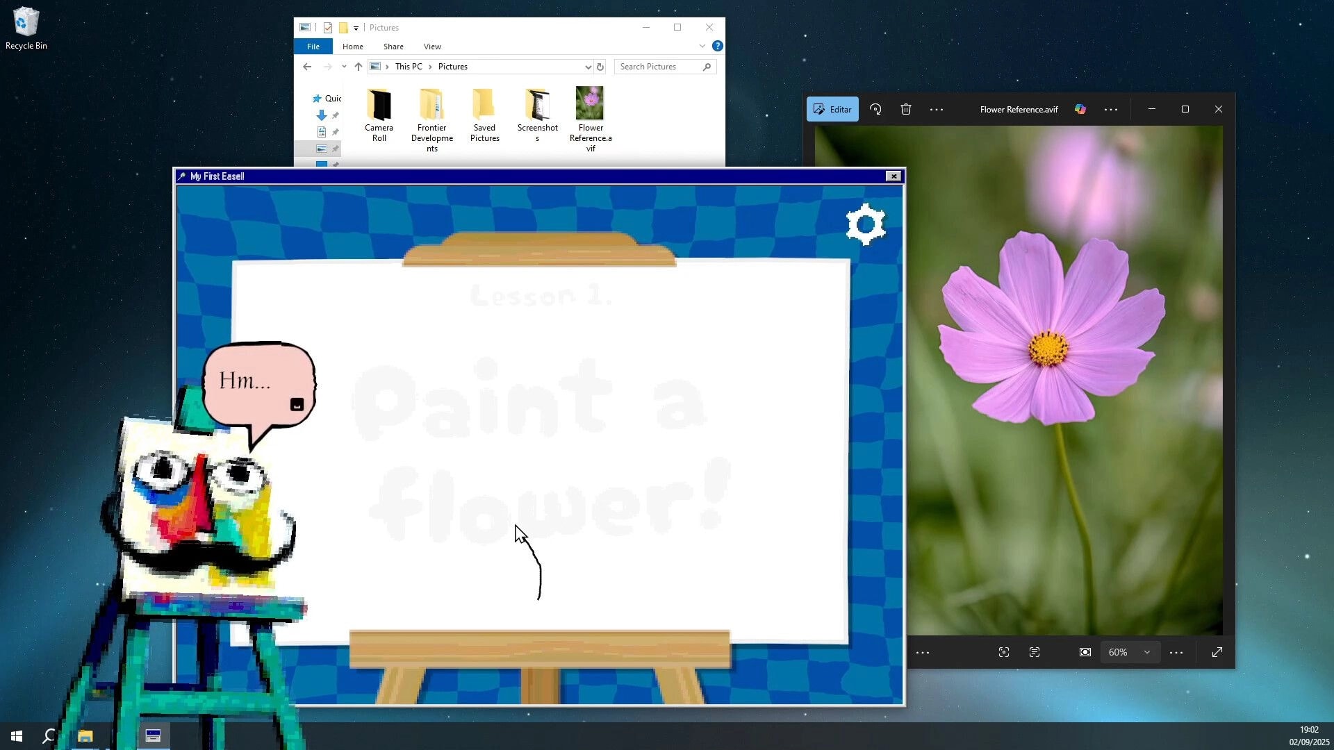 My Helpers: Cartoon easel tutor says "Hm..." beside blank canvas, flower photo open on desktop.