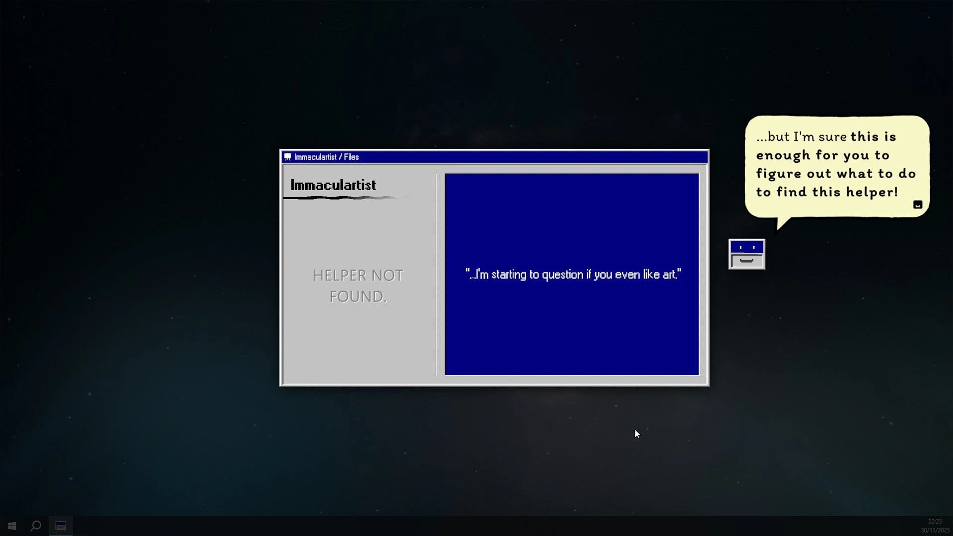 My Helpers: Immaculartist file window says HELPER NOT FOUND with message box on desktop background.