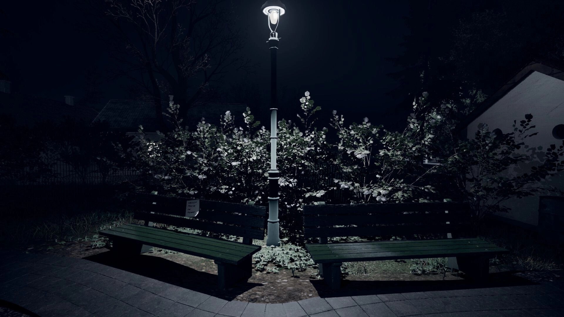 Nachtschicht: Two benches under a dim streetlight surrounded by bushes in a quiet, dark neighborhood.