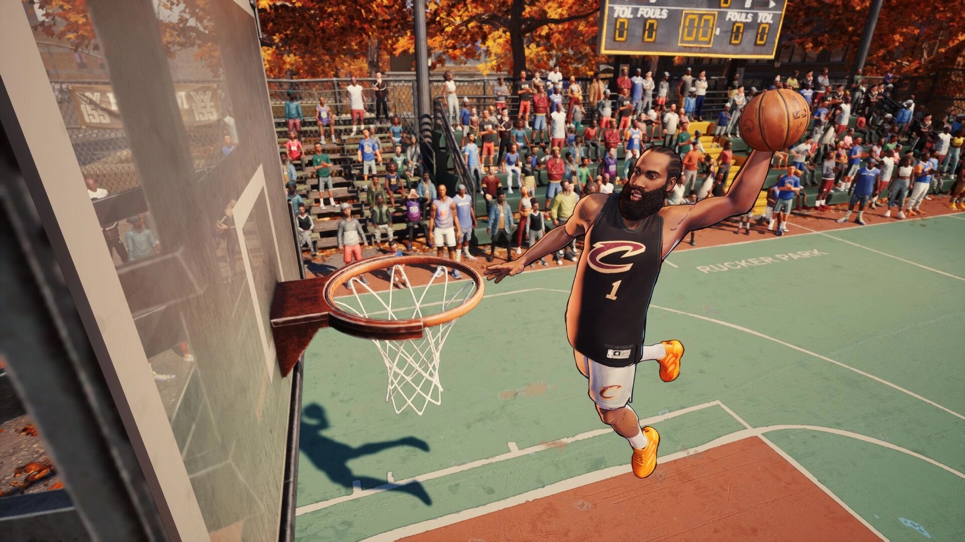 NBA THE RUN: Player in Cavaliers jersey goes for one-hand dunk on outdoor court with crowd and scoreboard.