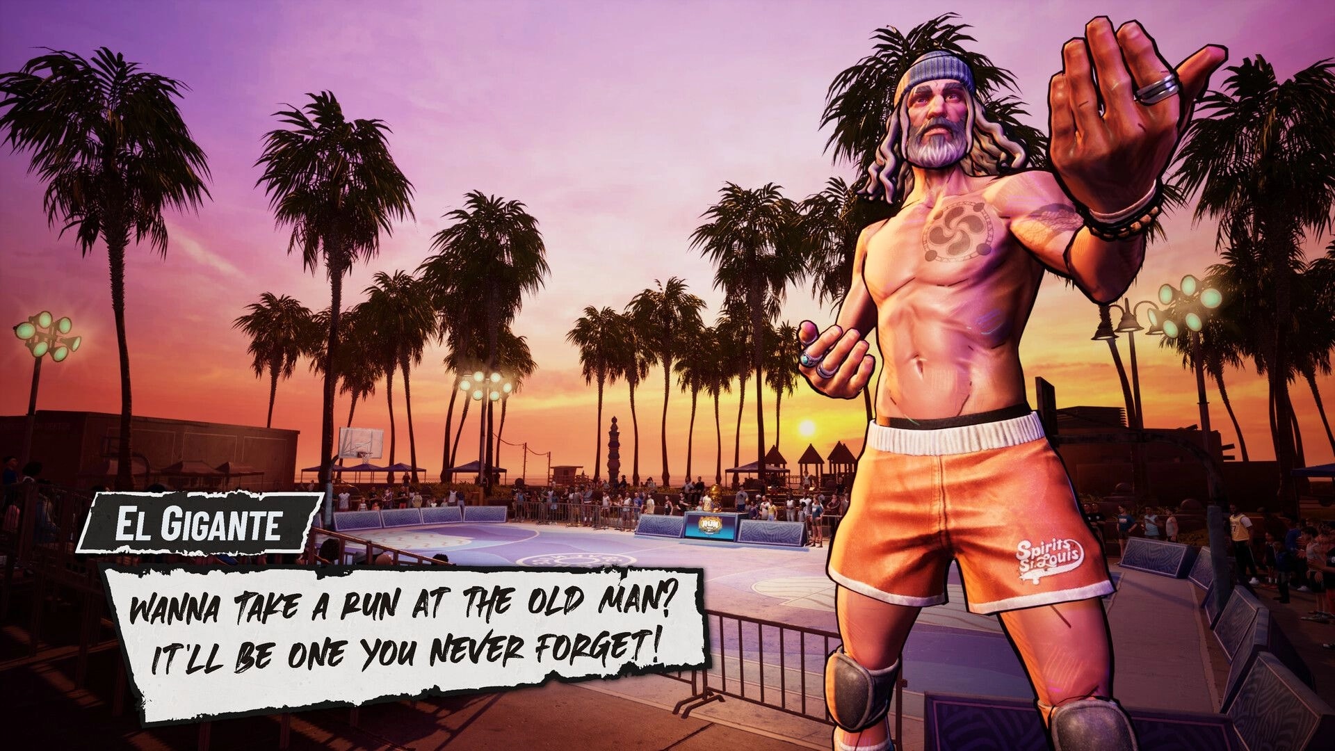 NBA THE RUN: El Gigante taunts with dialogue banner on a sunset palm-lined street court arena.