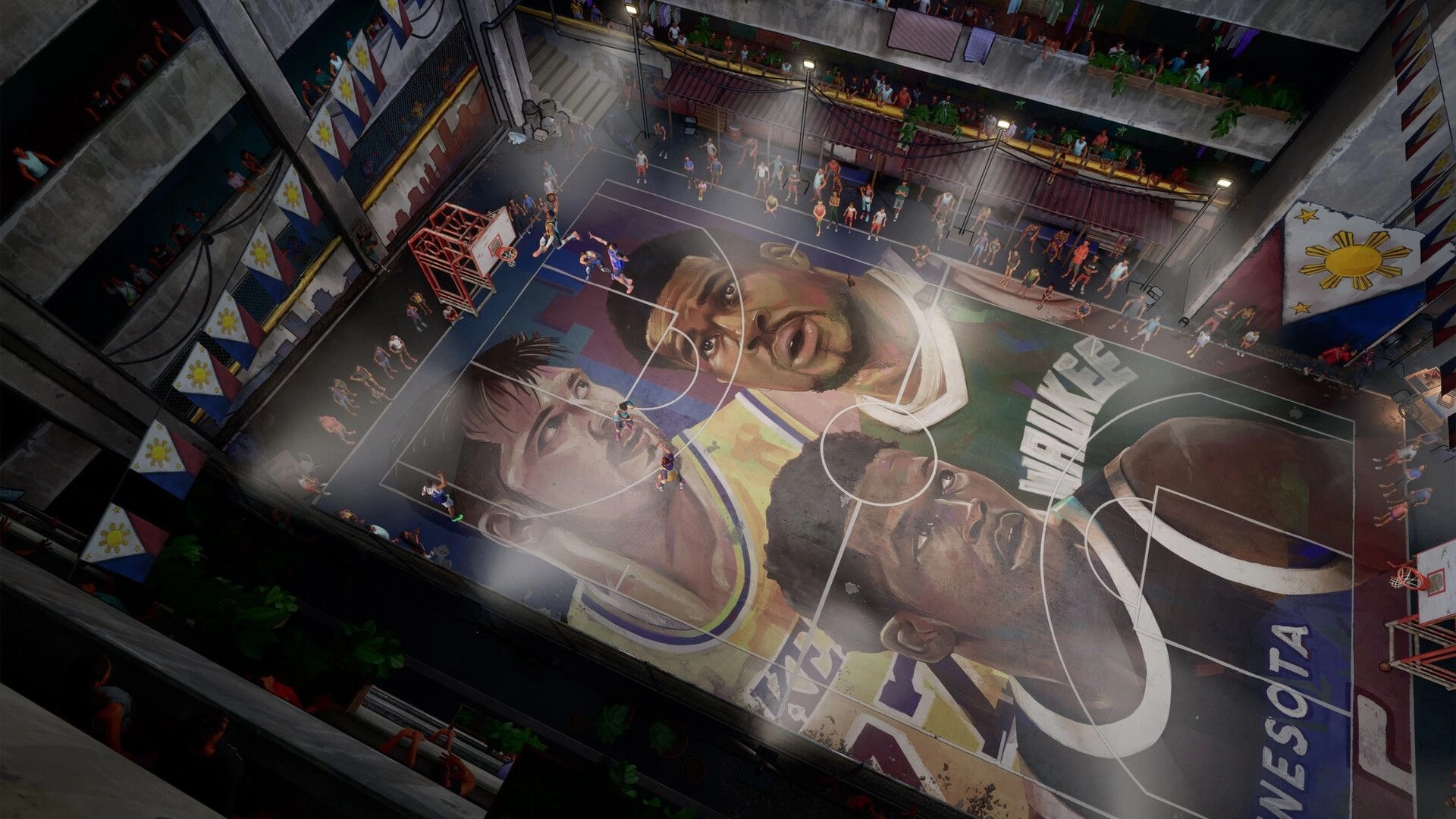 NBA THE RUN: Overhead 3v3 streetball game on mural court, crowd lining balconies and sidelines.