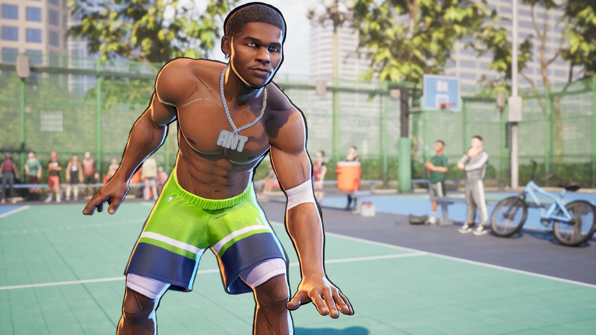 NBA THE RUN: Shirtless player avatar in defensive stance on outdoor street court with spectators and hoop.