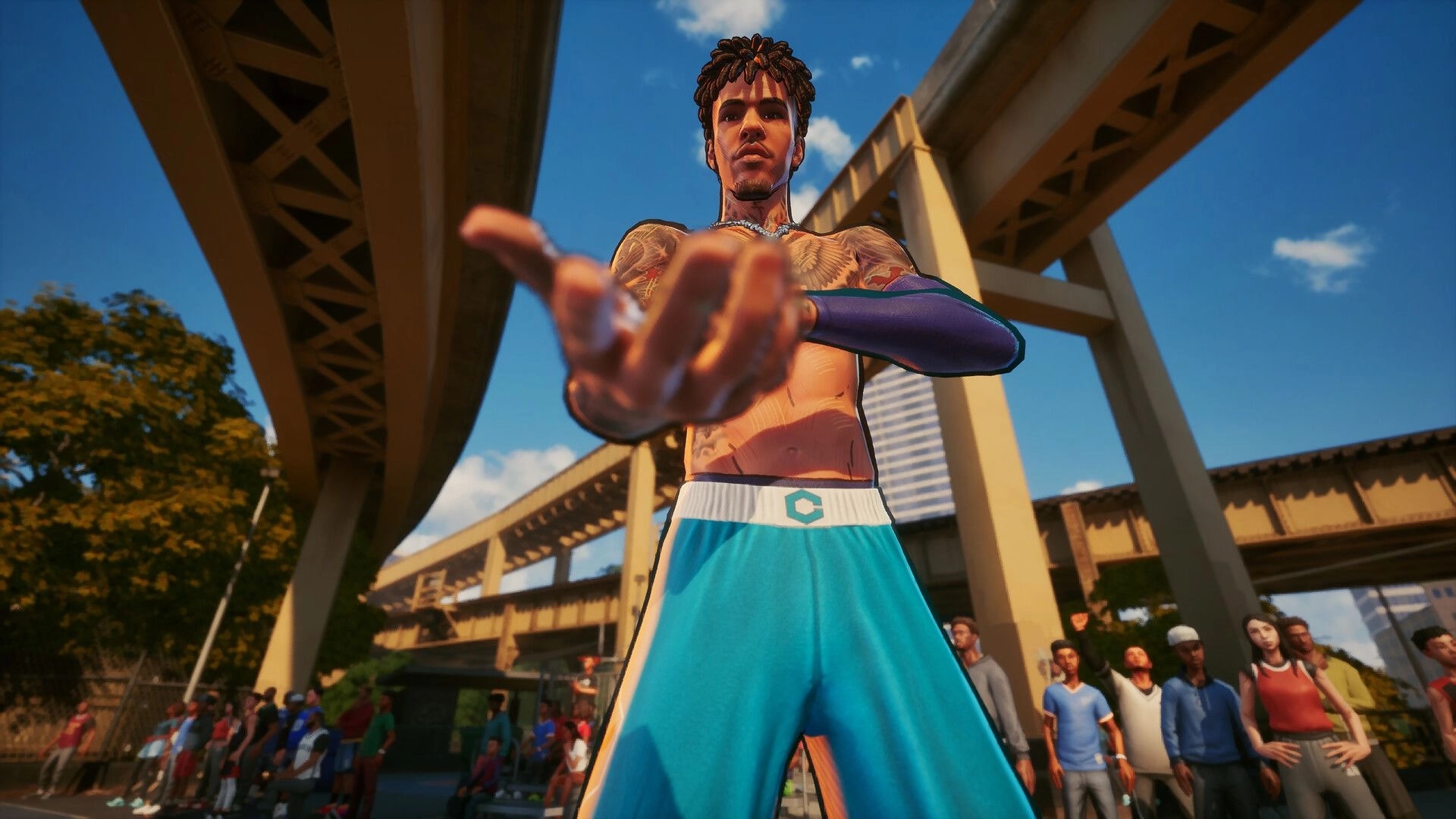 NBA THE RUN: Tattooed streetball player reaching toward camera under overpass court with crowd behind.