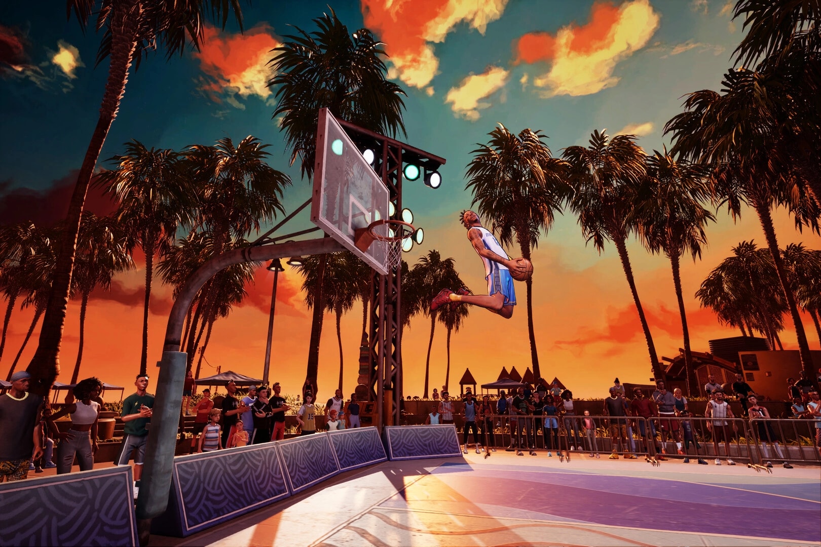 NBA THE RUN: Player soars for a dunk on a palm-lined outdoor court at sunset with crowd watching.