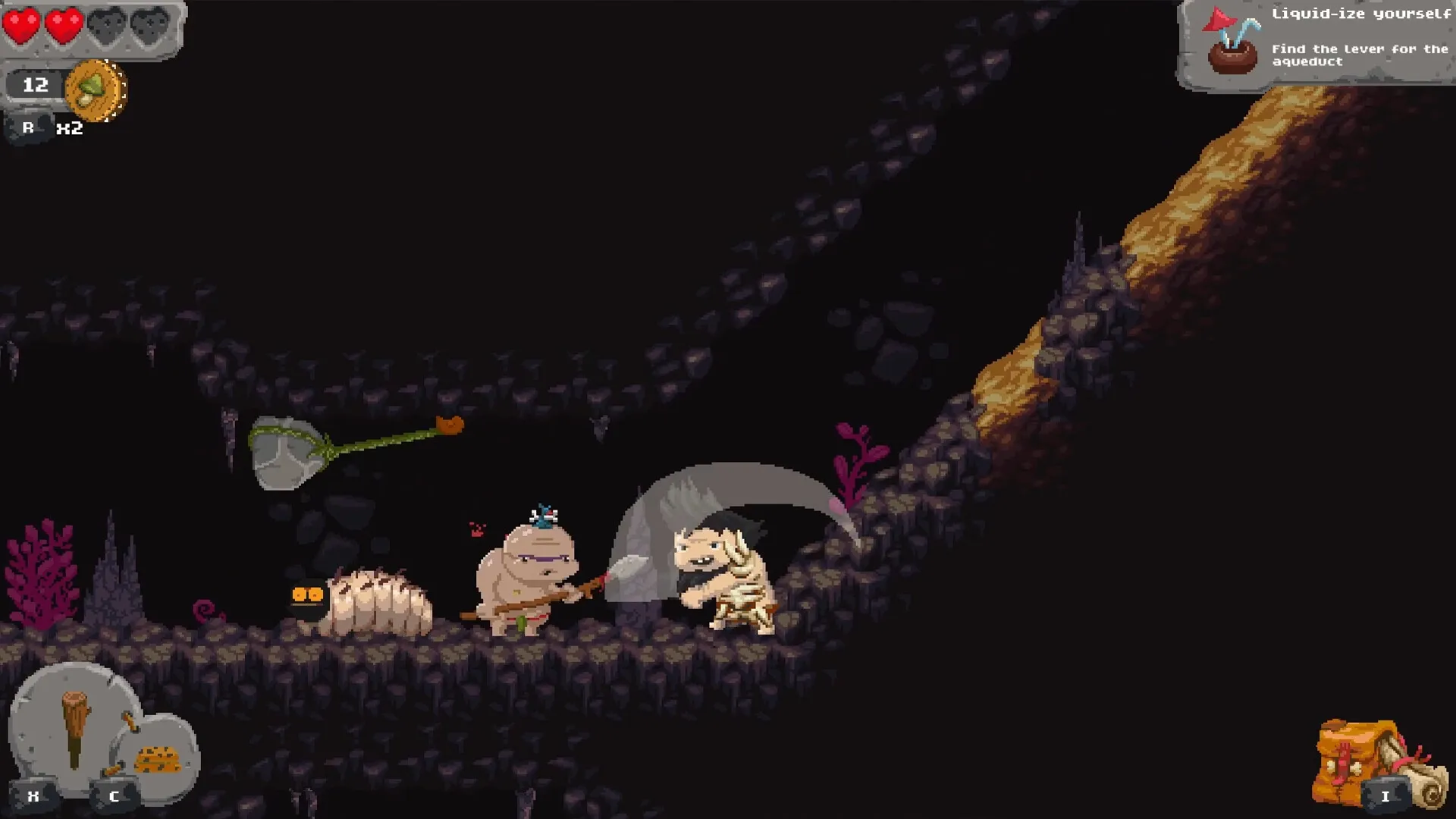 Neanderthallica: Player battles a skeleton enemy in a dark cave with UI showing health and items.