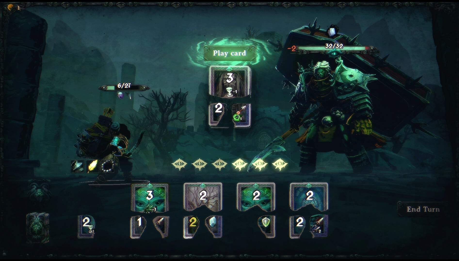 Near Mint: Card battle with hand of cards and End Turn button in a foggy graveyard duel scene.