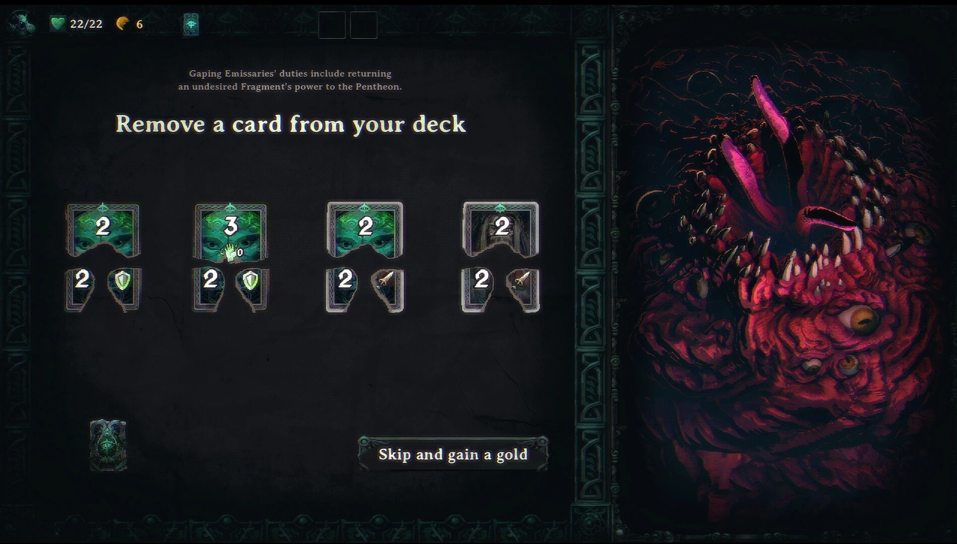 Near Mint: Remove a card from your deck menu with four card choices and a monster portrait beside it.