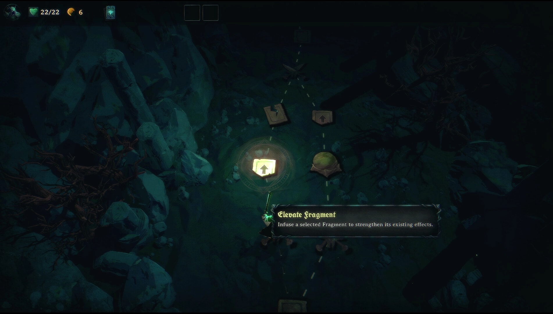 Near Mint: Path map with glowing upgrade node and Elevate Fragment tooltip in dark rocky terrain.