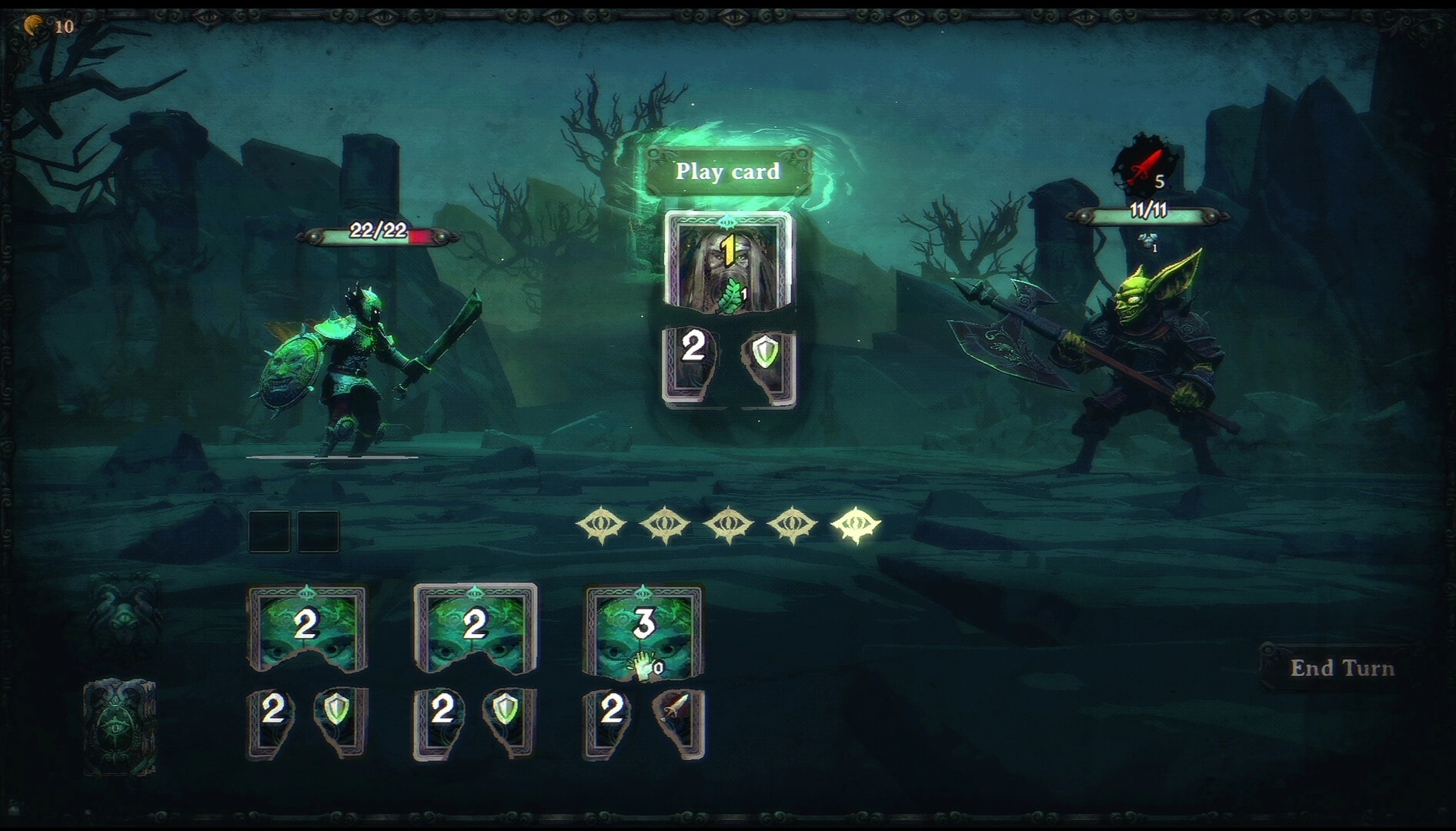 Near Mint: Card combat with knight vs goblin, Play card prompt and hand shown in misty ruins.