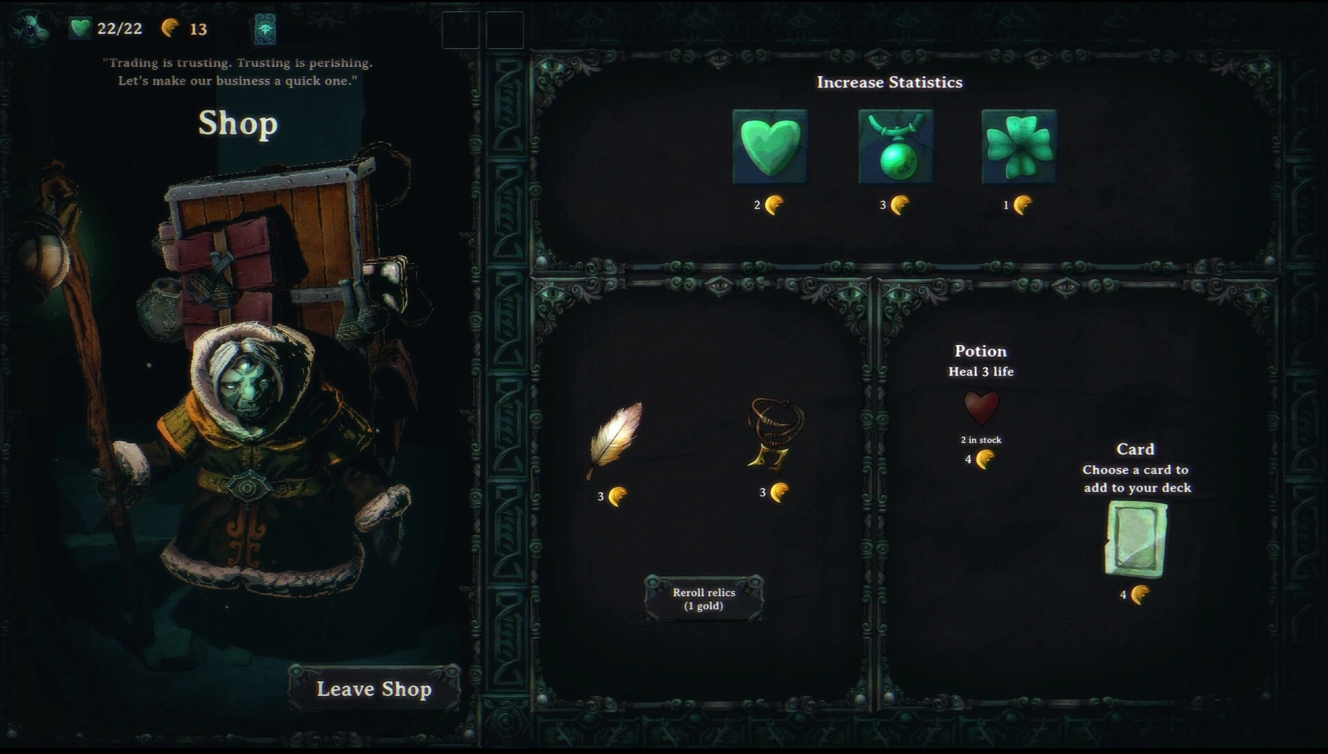Near Mint: Shop screen with hooded merchant, stat upgrades, relics, potion and card purchase options.