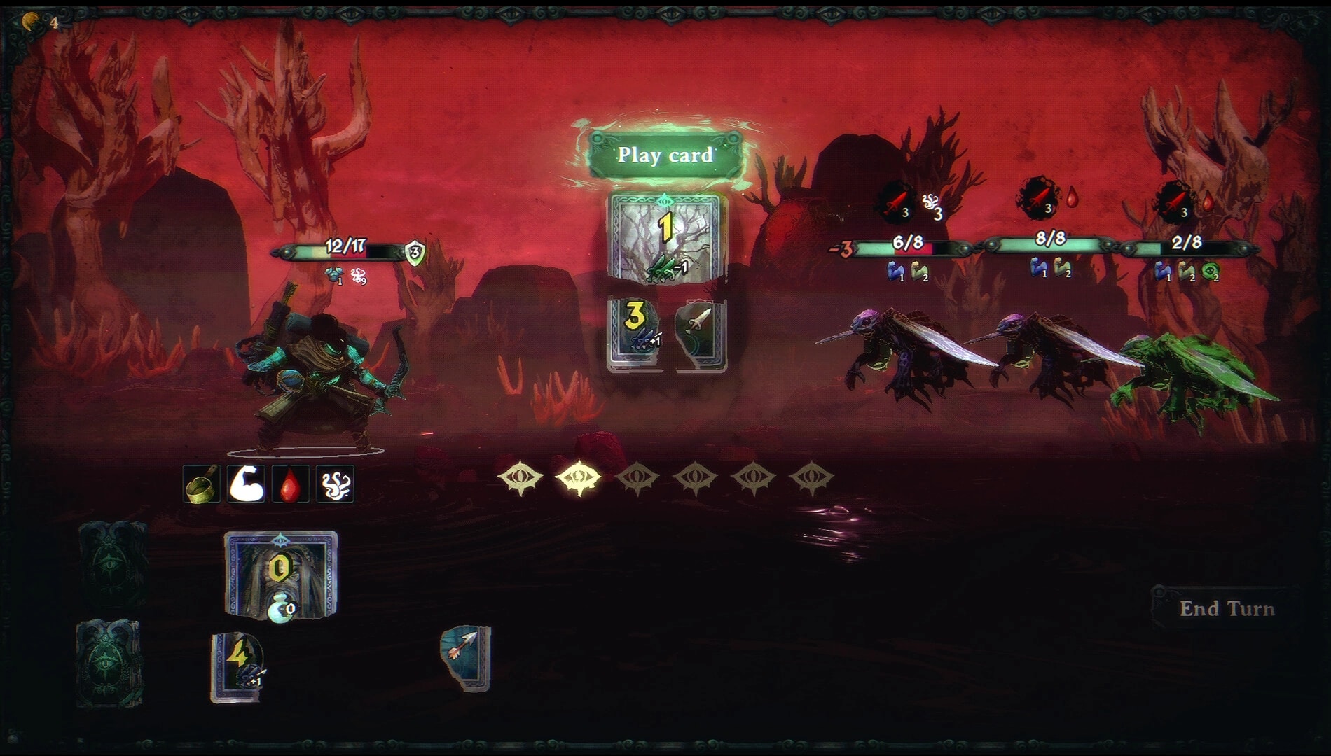 Near Mint: Combat screen with archer playing a card against three insect foes in a red wasteland.