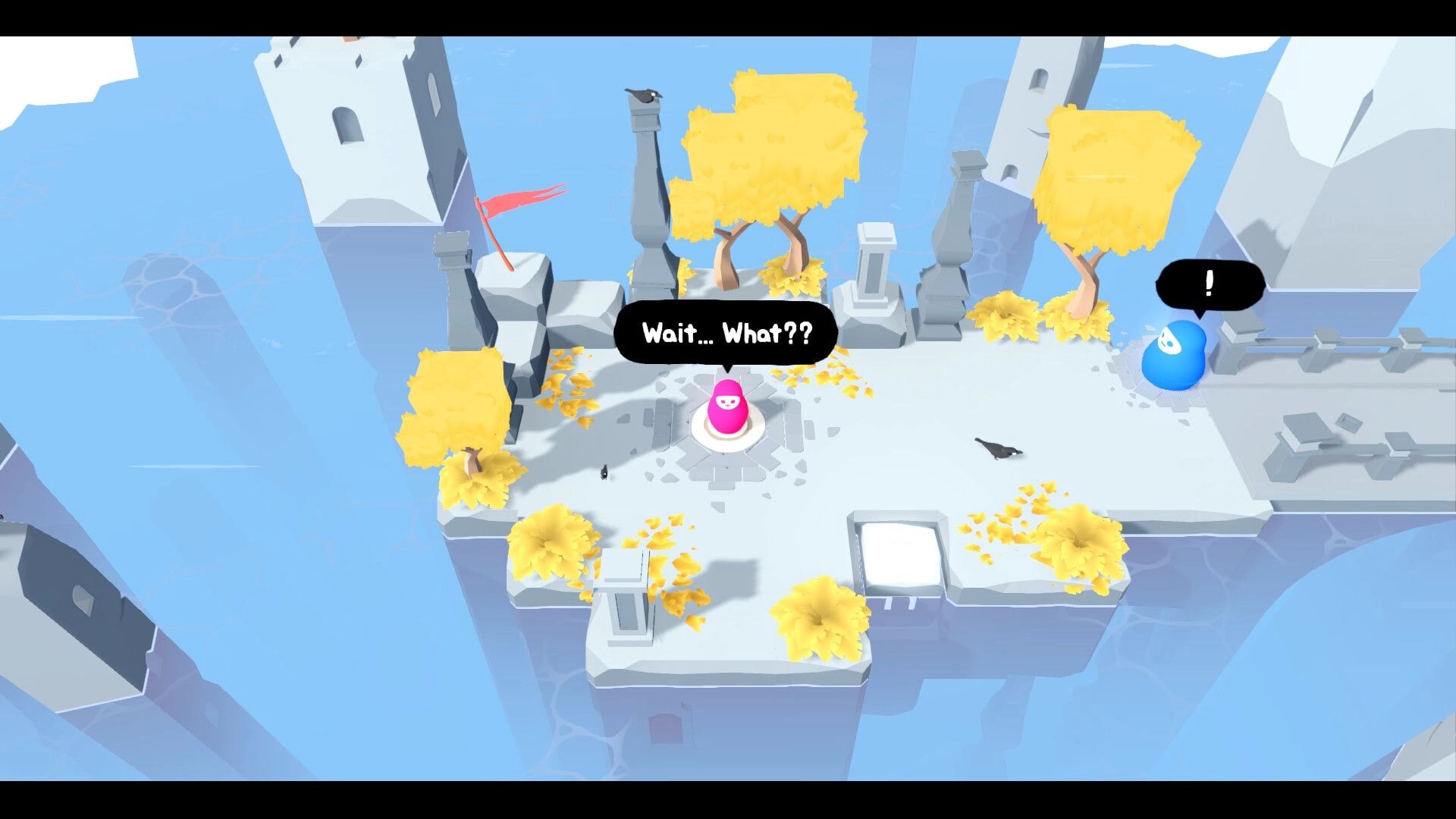 Nested: Pink doll with “Wait... What??” speech bubble on floating ruins with yellow trees and a blue blob NPC.