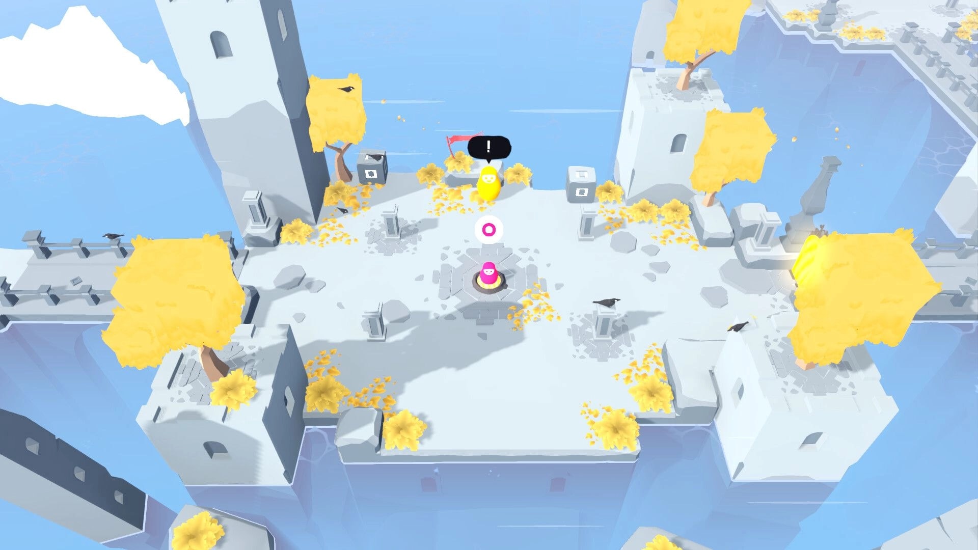 Nested: Two nesting dolls stack on a stone platform amid ruins, yellow trees, and push blocks.