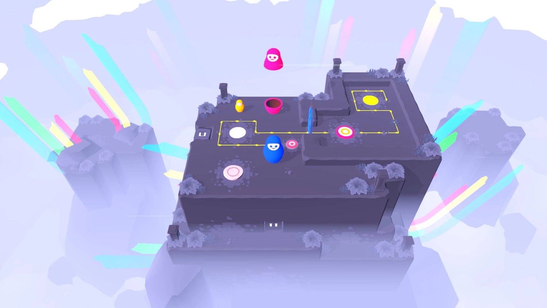 Nested: Colorful nesting dolls on a grid puzzle path with pads and portals on floating stone island.