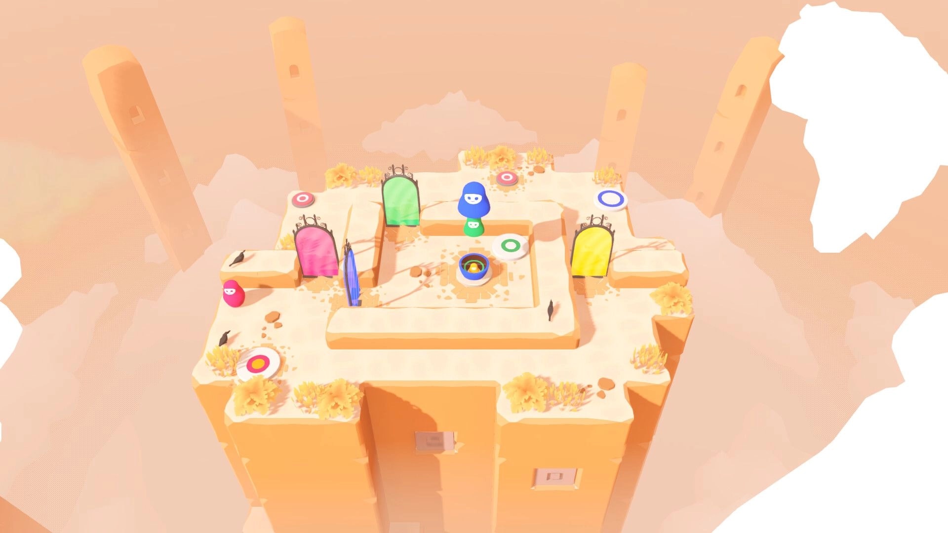 Nested: Blue nesting doll stands by colored doorways and target pads on a floating desert grid island.