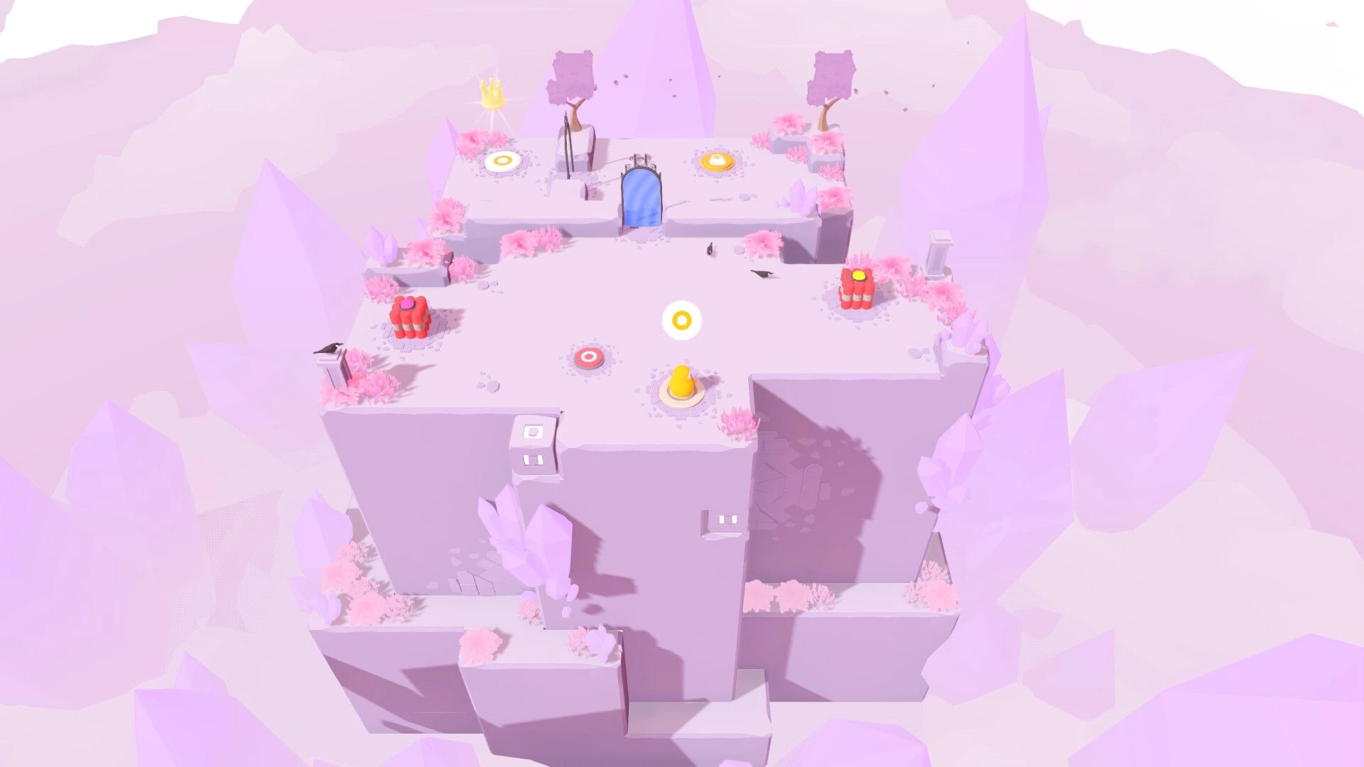 Nested: Yellow nesting doll on circular pad near blue gate, pastel cliff puzzle with targets and blocks.