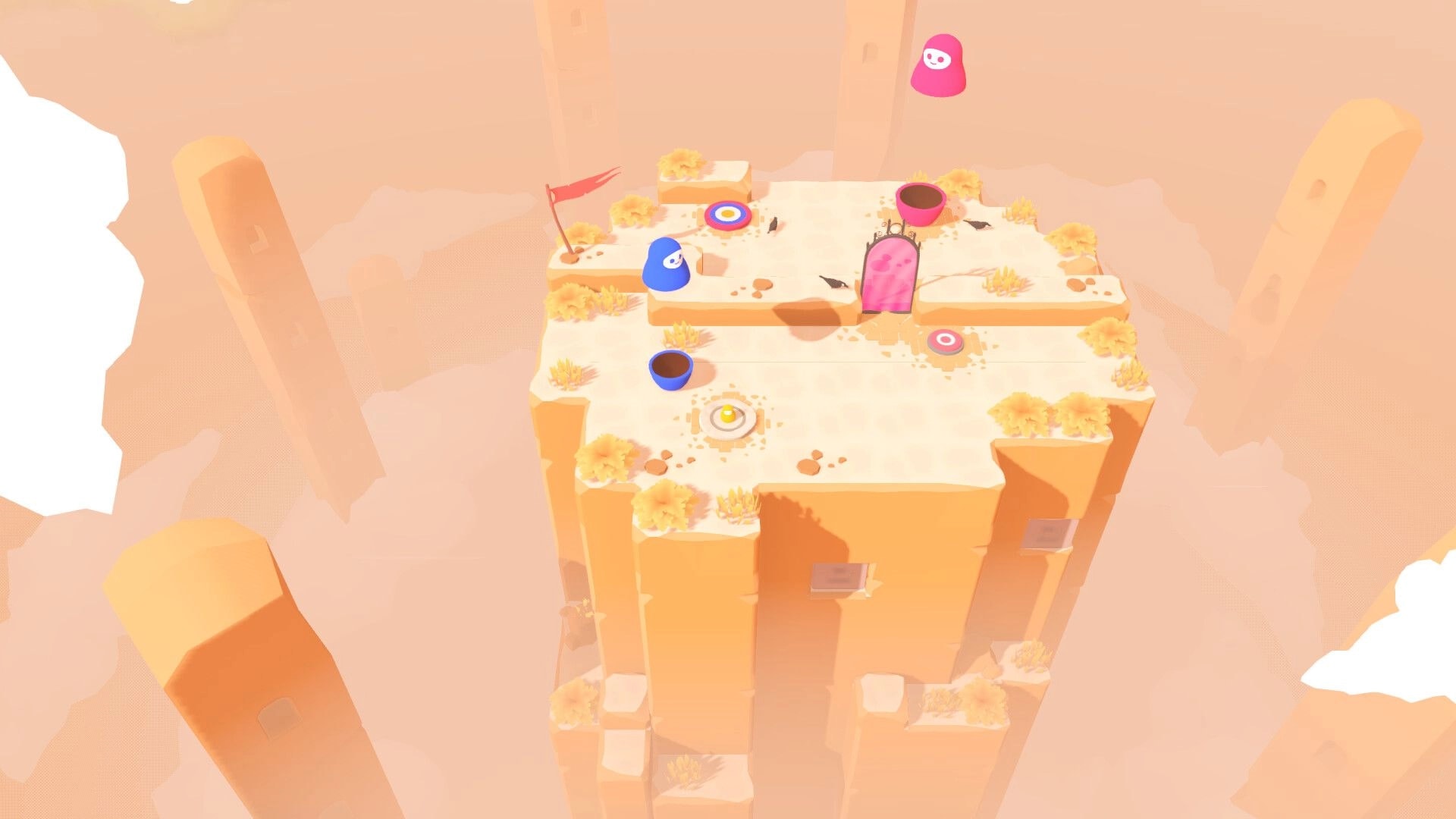 Nested: Blue doll on sandy cliff puzzle with target pads, pink portal door, flags, and pots.