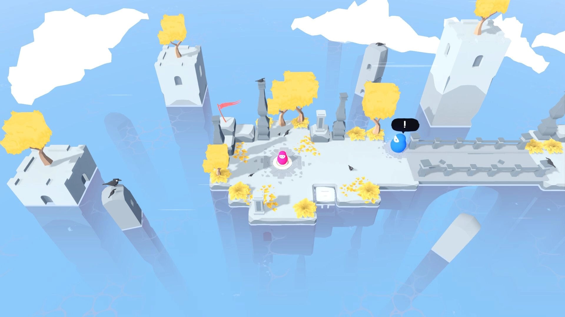 Nested: Pink nesting doll faces blue blob with exclamation on floating ruins with yellow trees.