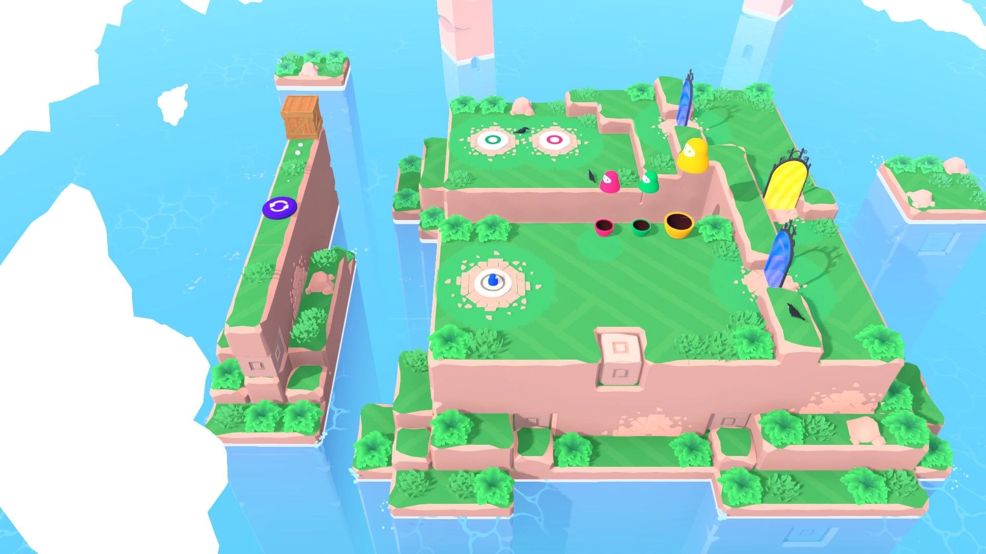 Nested: Color dolls and empty cups on grassy floating islands with portals, targets, and a crate nearby.