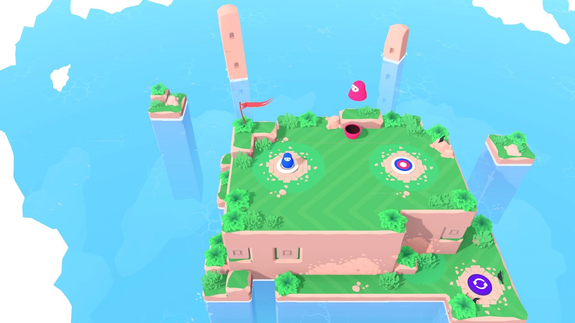 Nested: Blue and pink nesting dolls on grassy floating island with target pad, flag, and reset button.