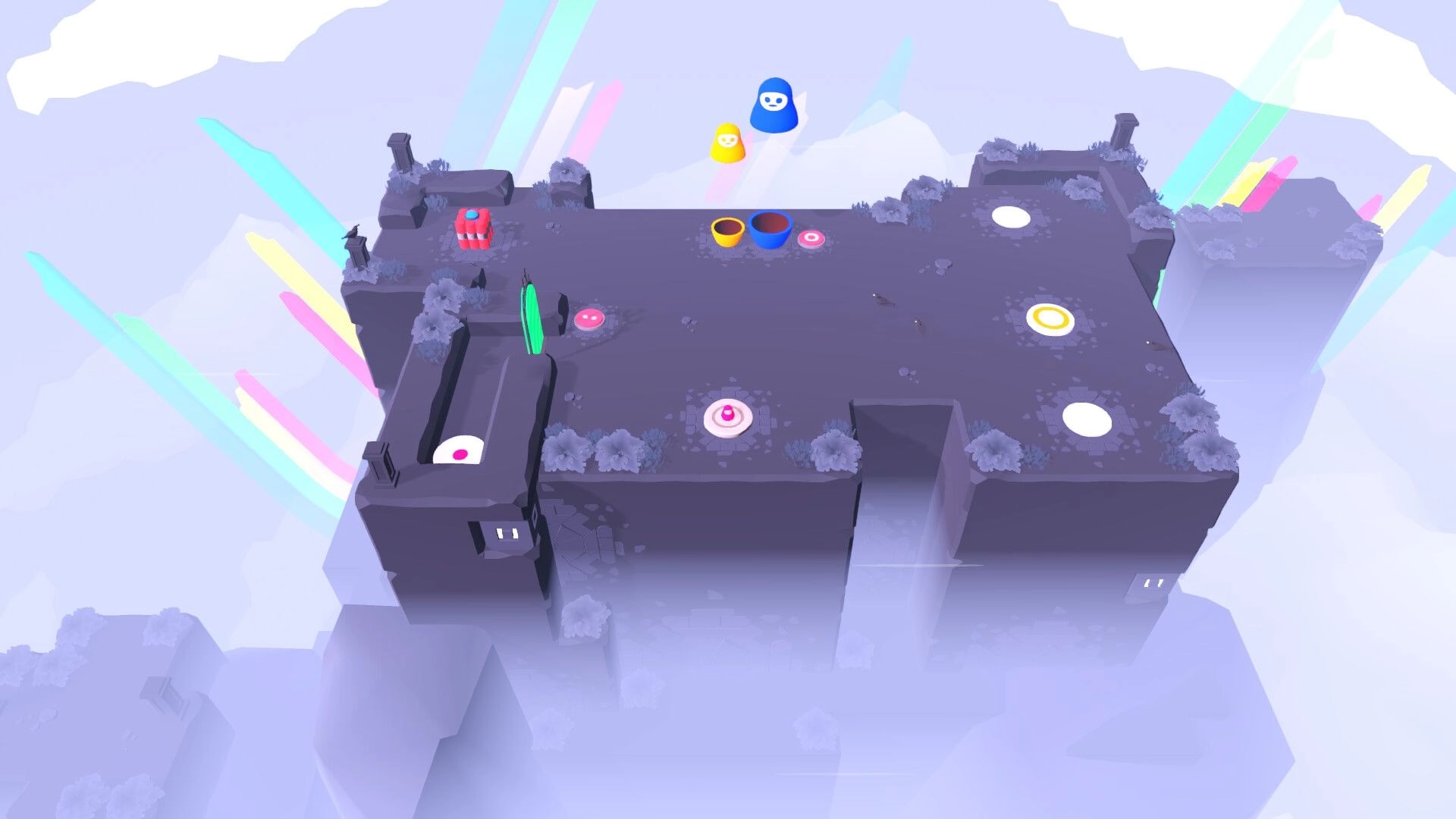 Nested: Two nesting dolls hover above a floating stone puzzle grid with colored pads, cups, and blocks.