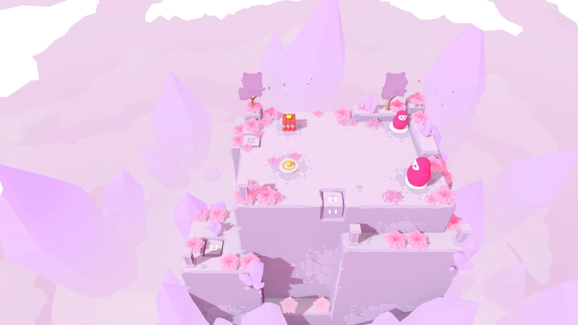 Nested: Two pink nesting dolls on a floating stone platform with crystal cliffs and cherry trees.