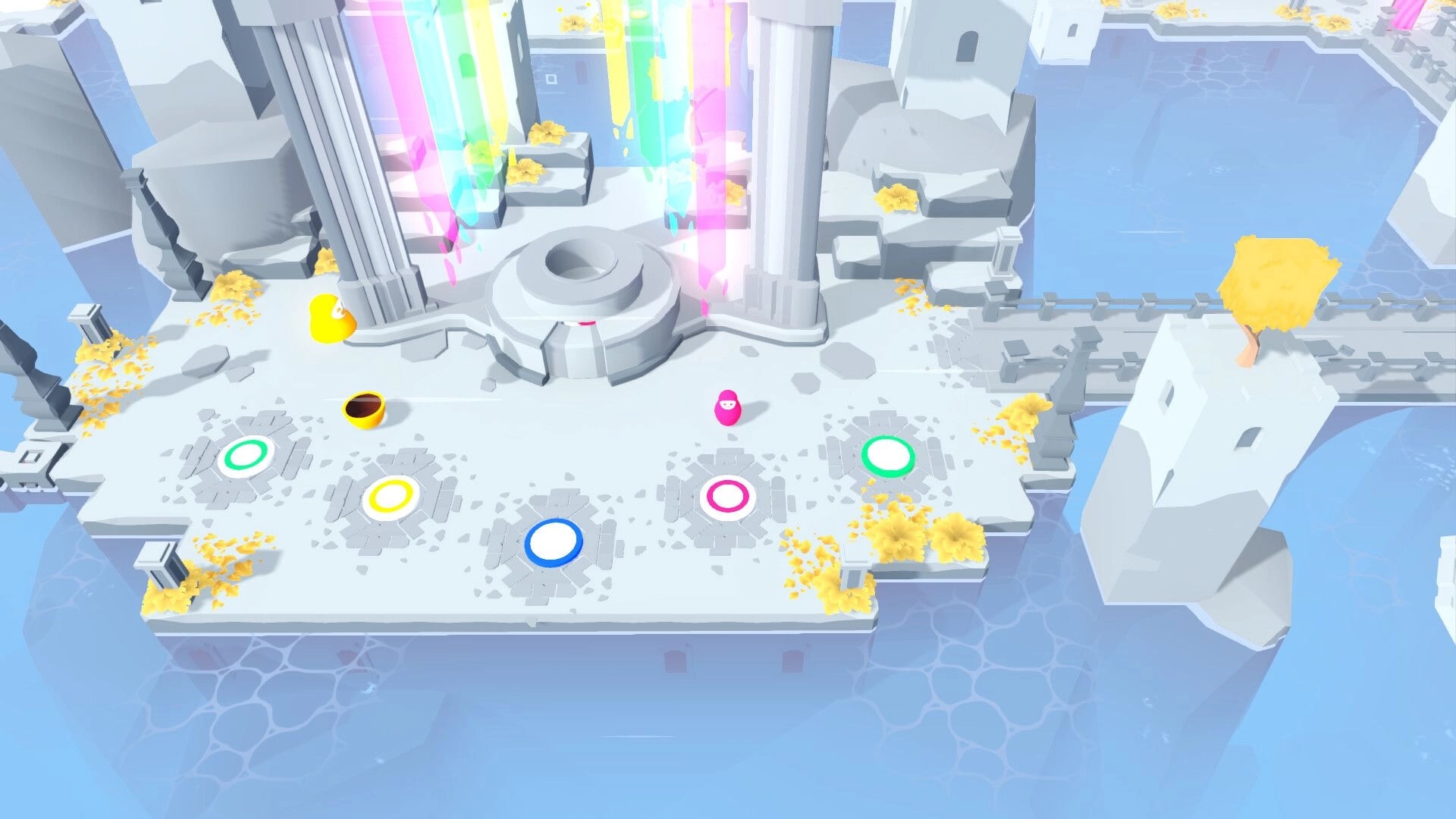 Nested: Pink doll stands by colored ring pads in white ruins with rainbow beams and water moat.