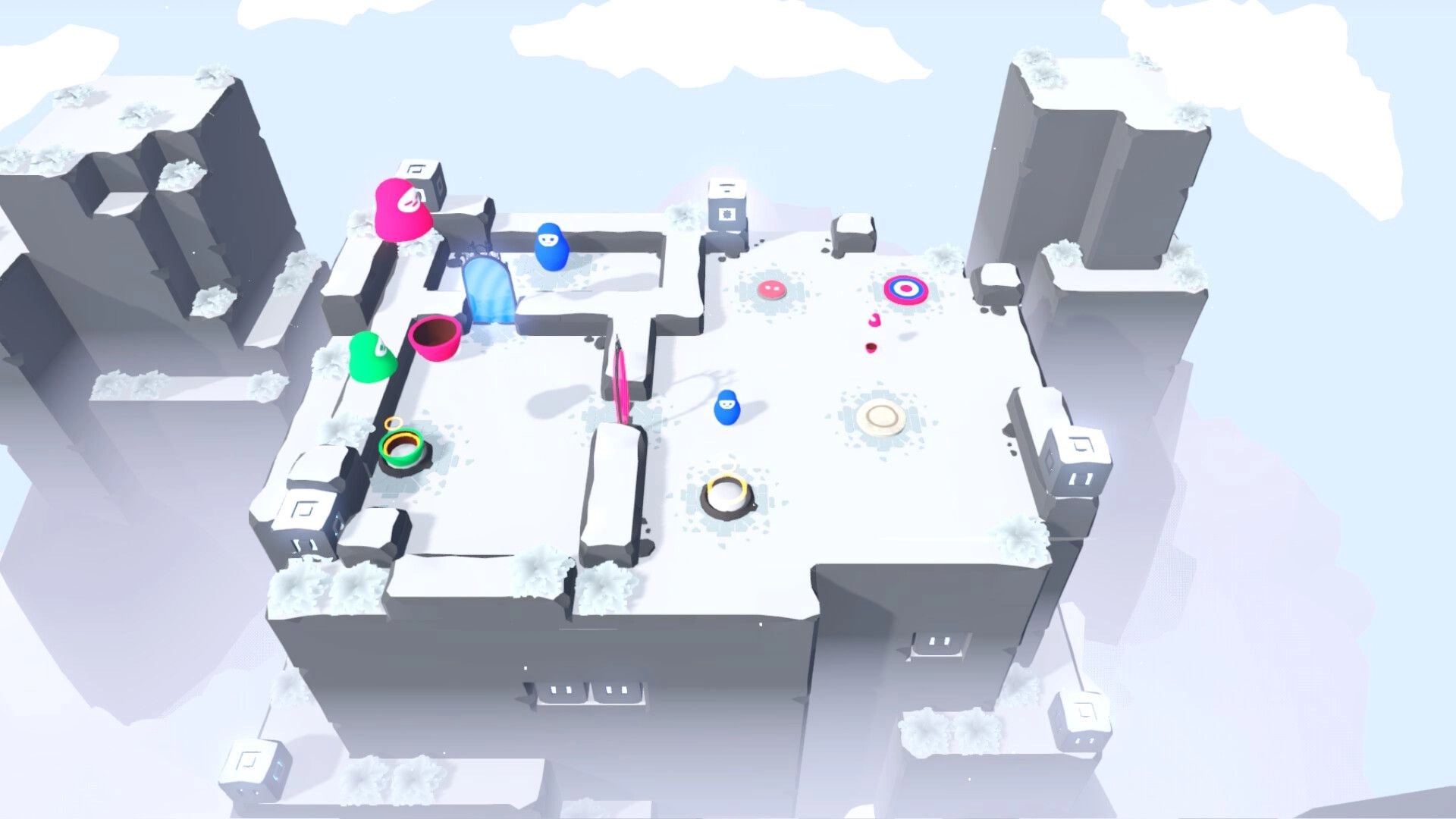 Nested: Color nesting dolls navigate snowy grid maze with portals, buttons, and target rings on cliffs.