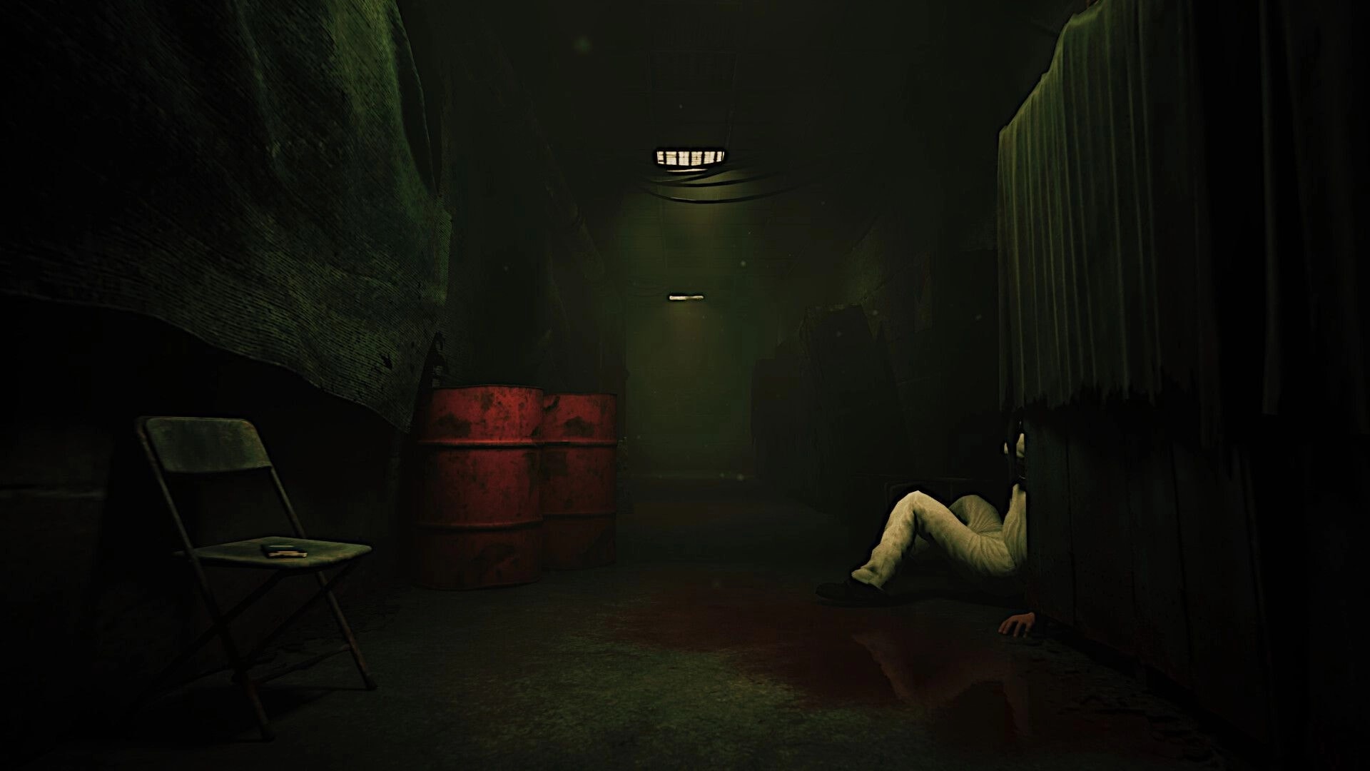 Netherwake: Body slumped in a dim corridor beside red barrels and a chair under a ceiling light.