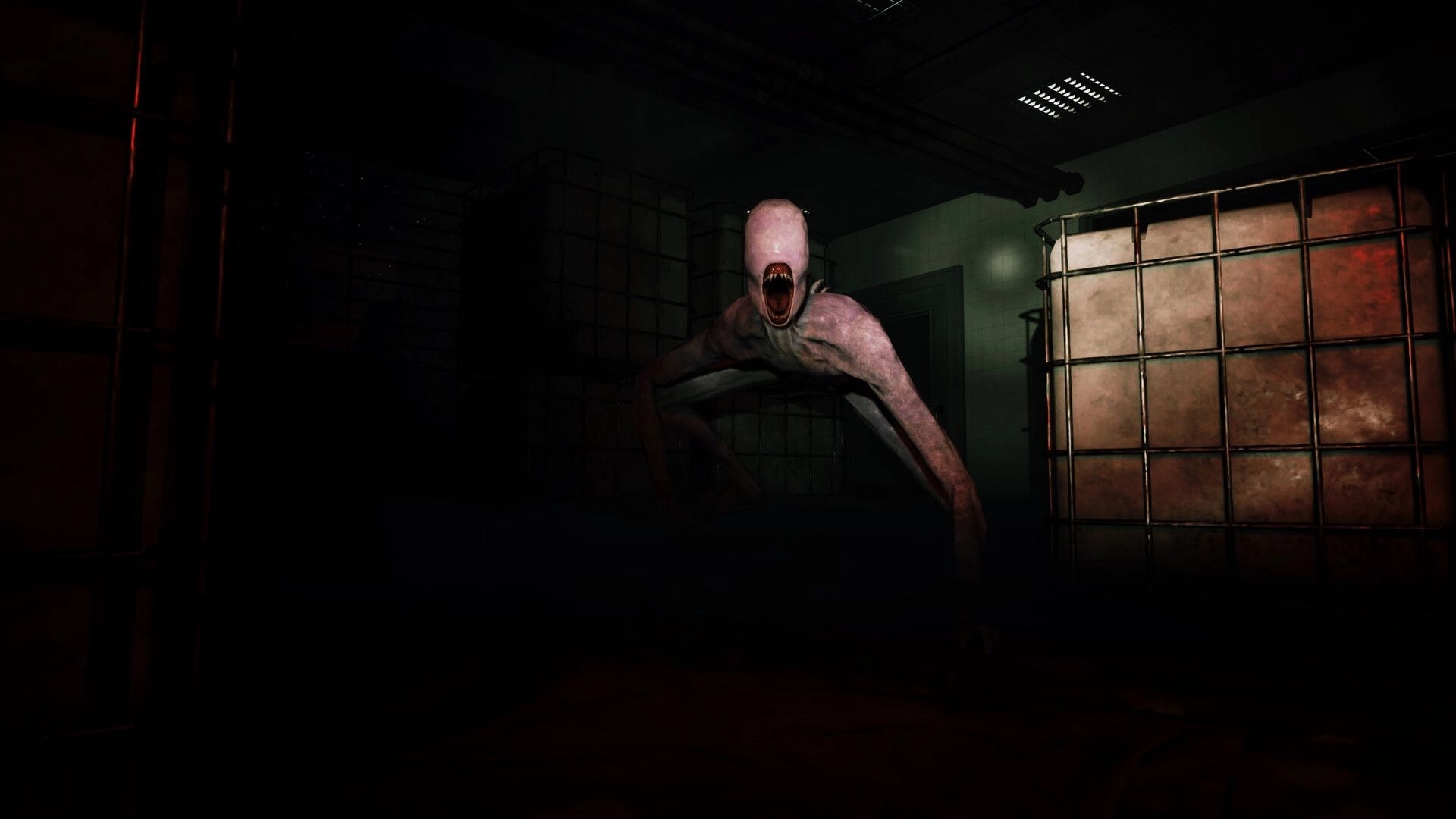 Netherwake: Pale, long-limbed monster lunges toward camera in a dark tiled room beside a cage tank.