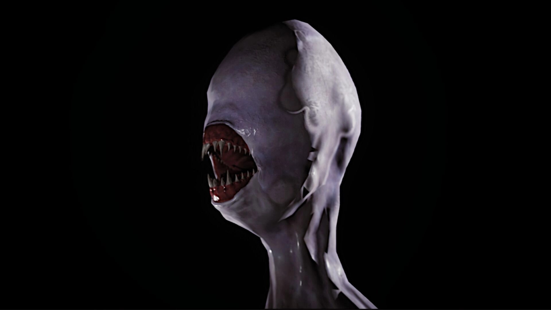 Netherwake: Close-up of a pale, eyeless monster head snarling with sharp teeth in darkness.