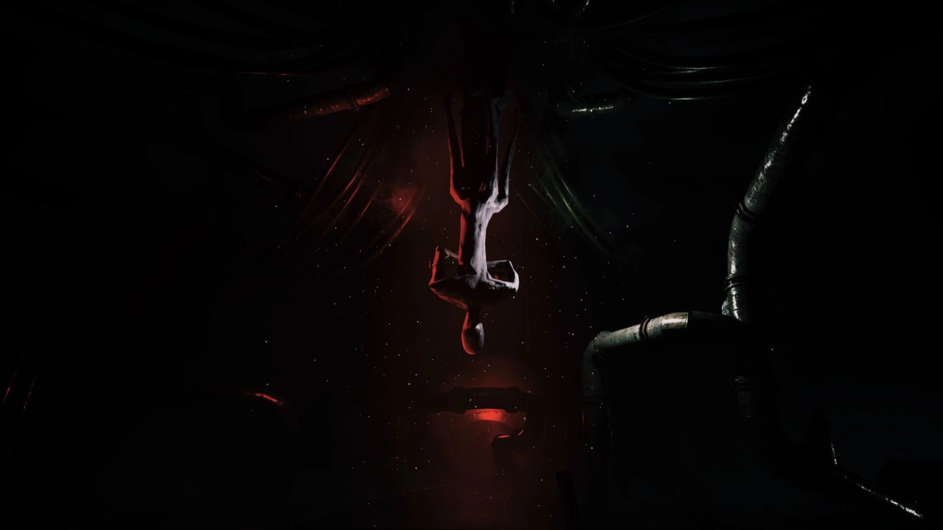 Netherwake: Upside-down human figure suspended in darkness amid red fog and looming pipes overhead.