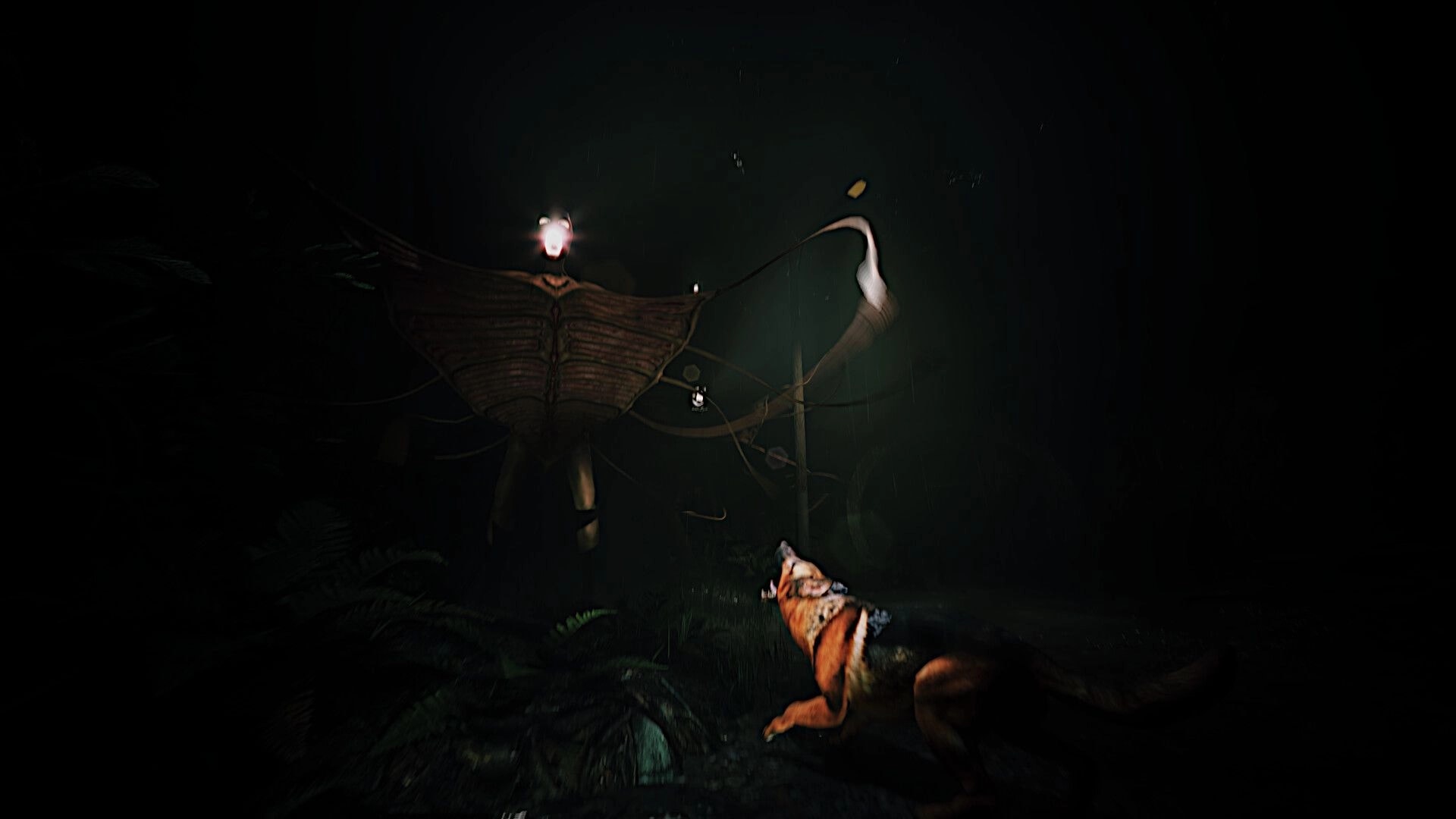 Netherwake: Dog crouches as a winged creature looms in a dark, rainy forest with dim lights.