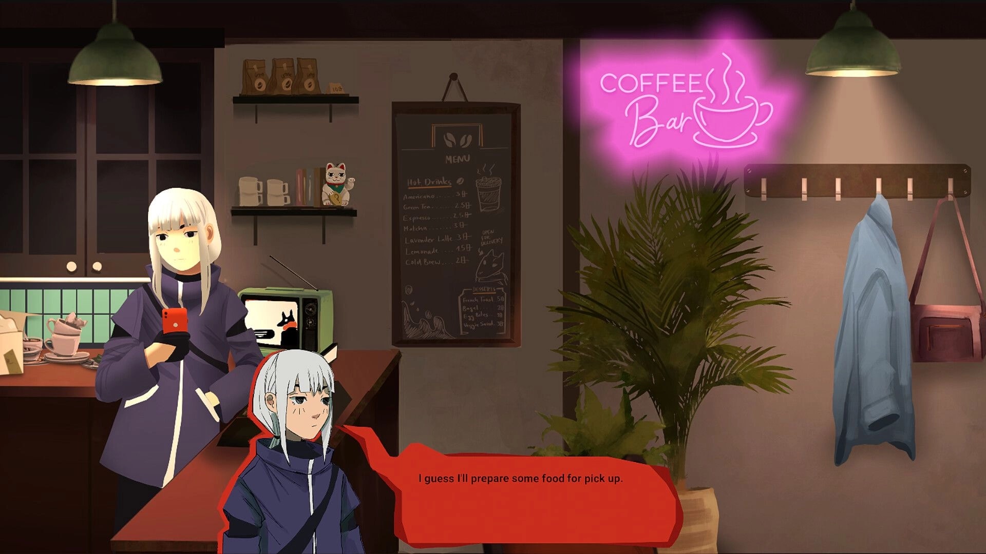 Night Errand: Dialogue scene with two characters at a coffee bar counter under neon Coffee Bar sign.