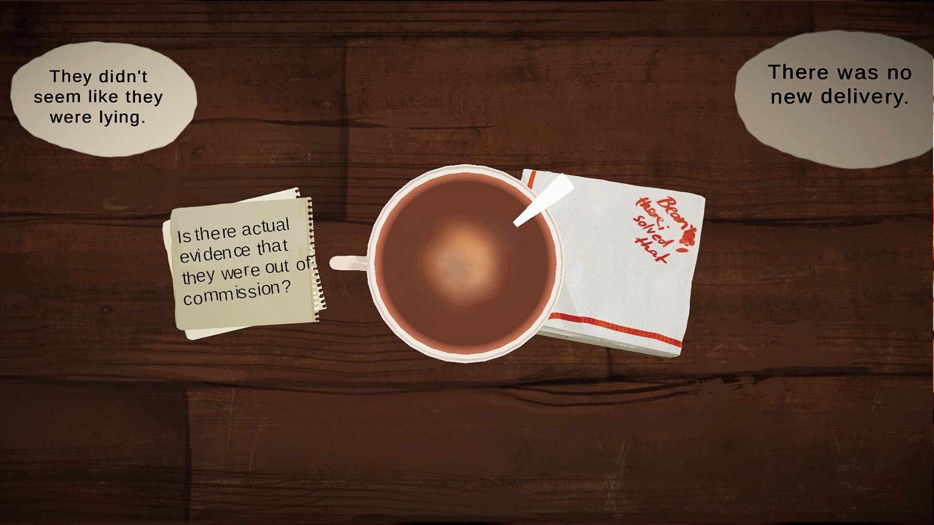 Night Errand: Coffee cup with clue notes and dialogue bubbles on a wooden table interface view.