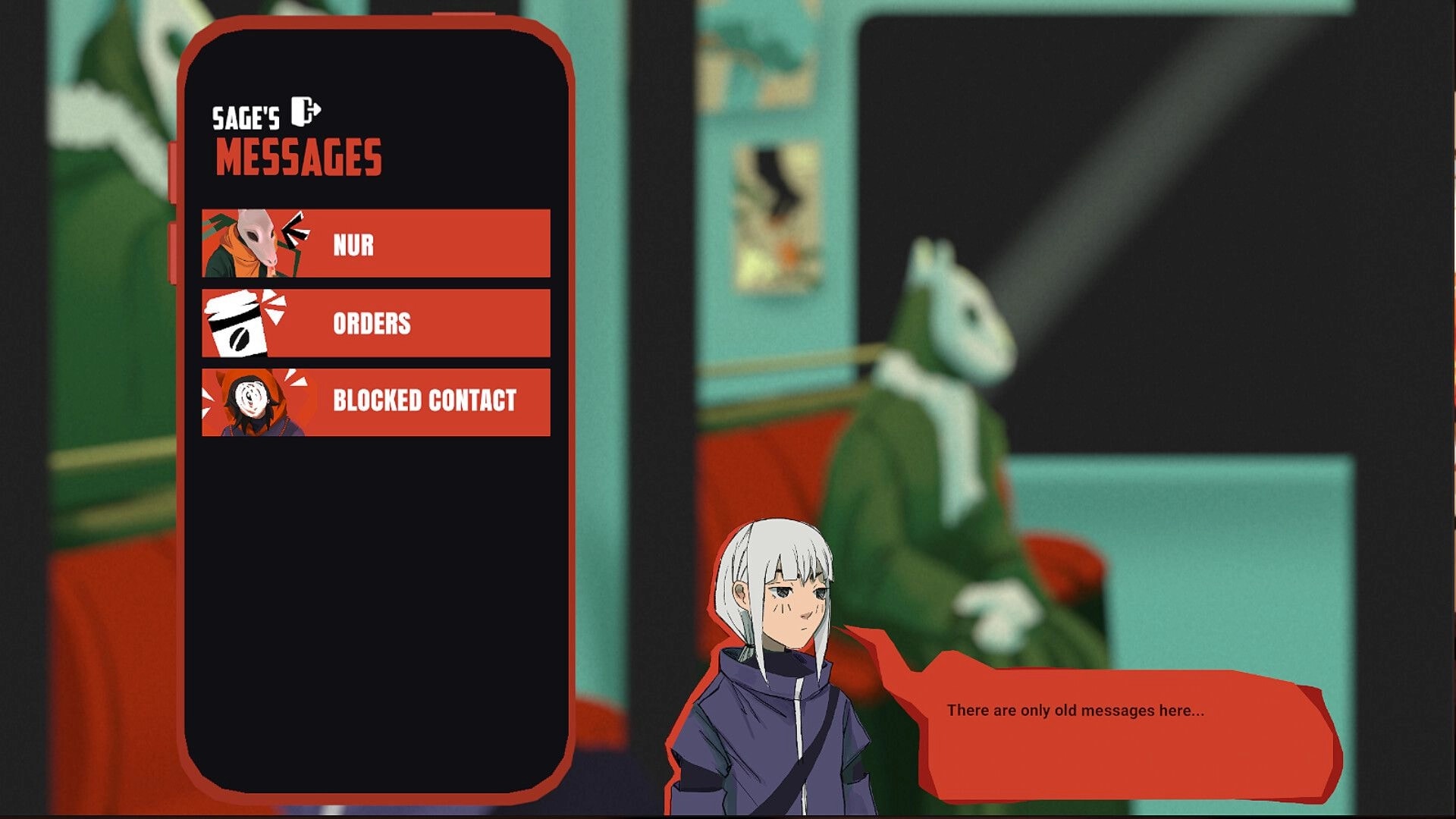 Night Errand: Sage’s Messages phone menu with Nur, Orders, Blocked Contact in a diner booth scene.