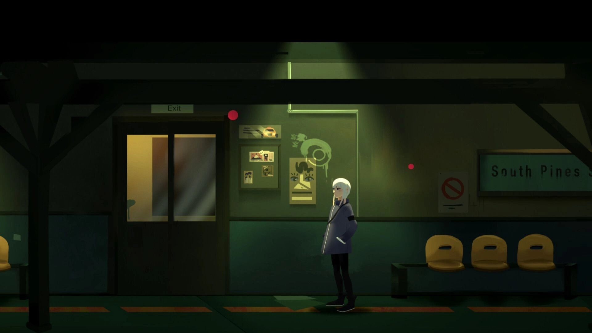 Night Errand: White-haired detective waits by subway exit under posters and South Pines station sign.
