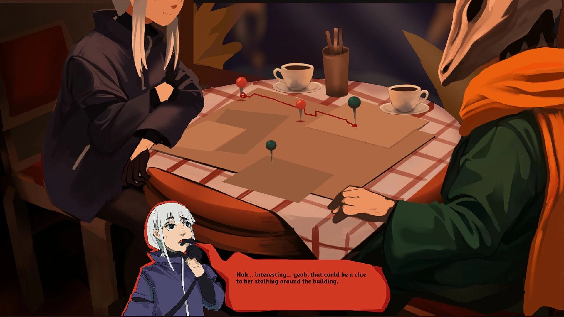 Night Errand: Dialogue scene studying a pin-and-string clue board on a café table with coffee cups.
