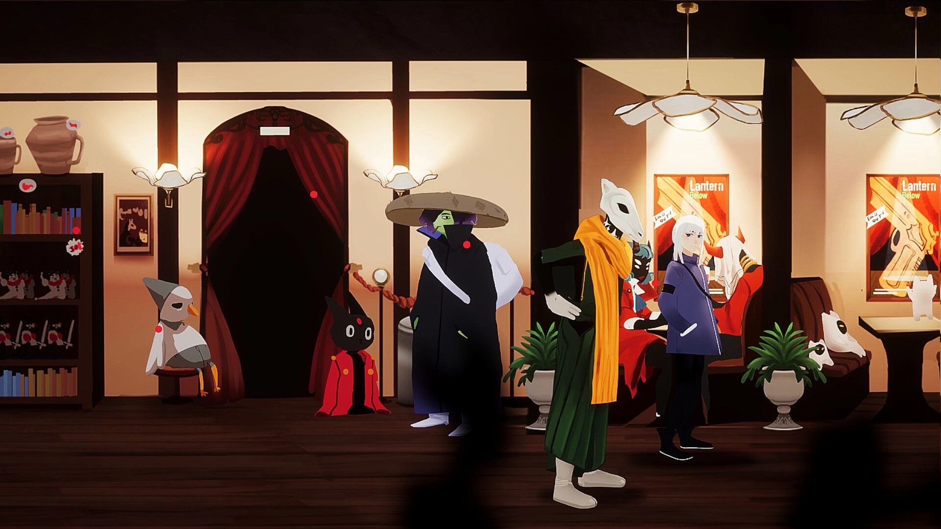Night Errand: Talking to masked patrons in a cozy lounge with red curtains, posters, and clue dots.
