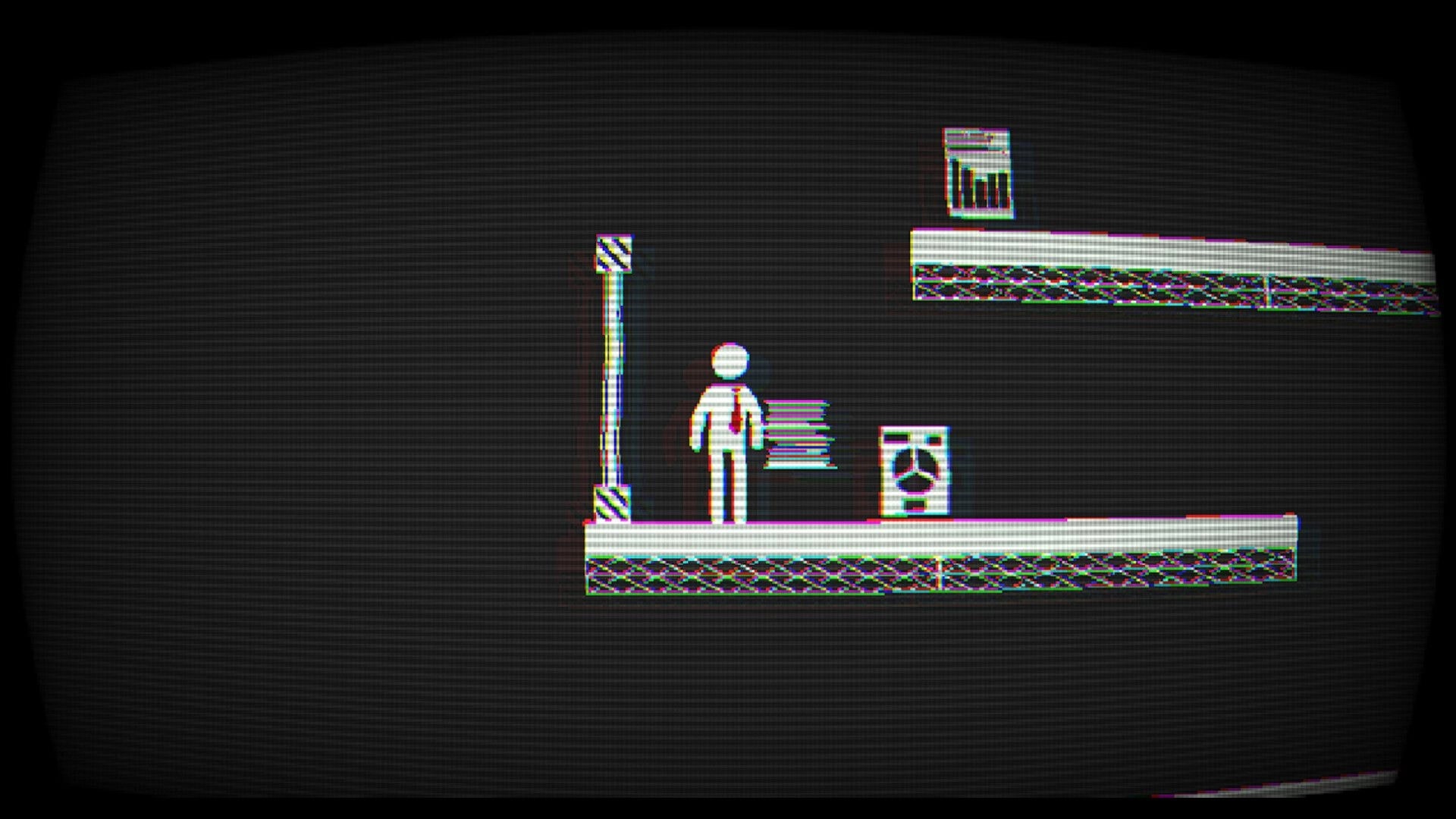 Nine to Never: Pixel office worker stands by an elevator and fan vent on a dark platform level.