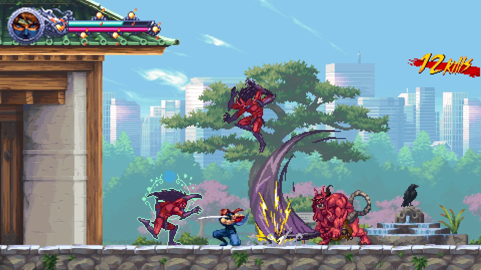 NINJA GAIDEN: Player battles red demons on temple rooftop with city skyline in background