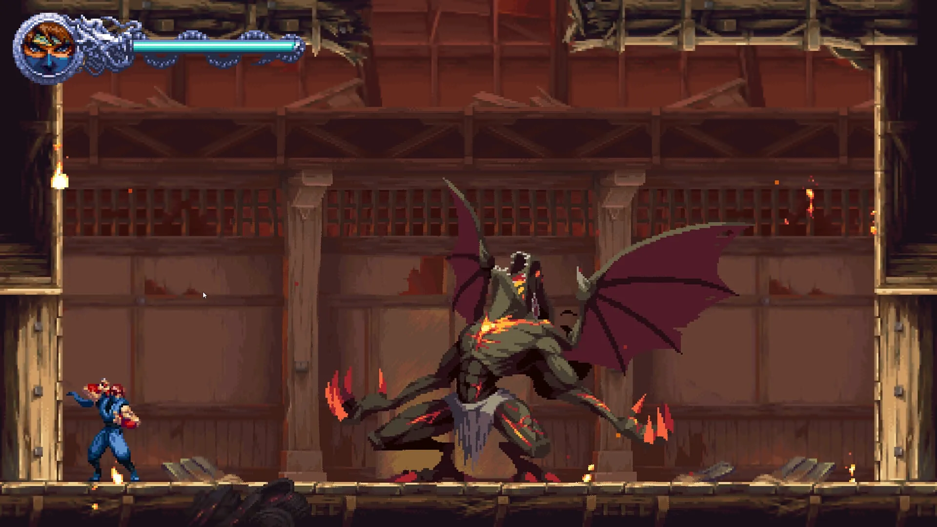 NINJA GAIDEN: Intense battle against a large demon in a dimly lit wooden dojo setting