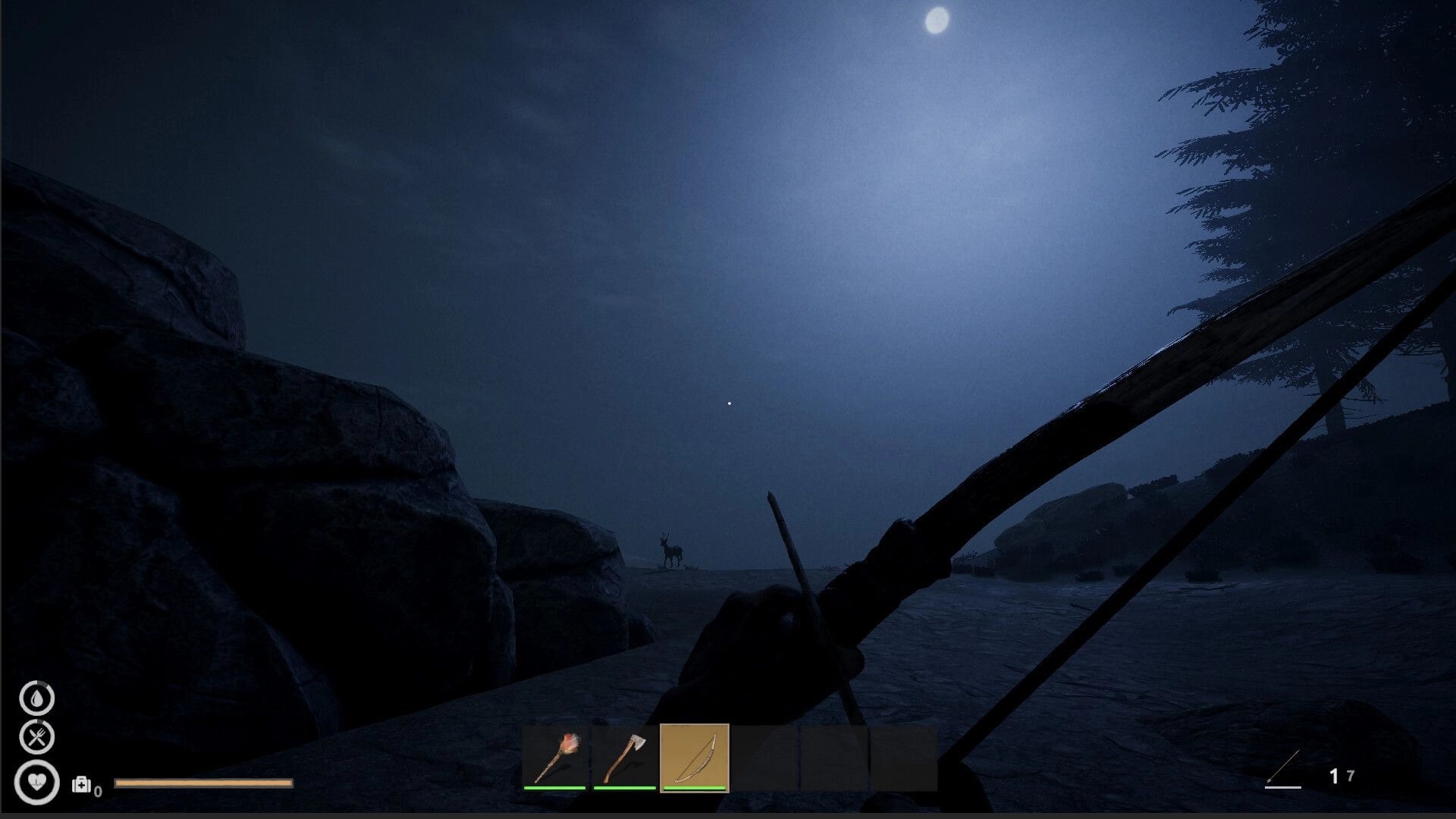 No Way Back: Aiming bow at distant deer under moonlit sky on rocky path with inventory UI visible