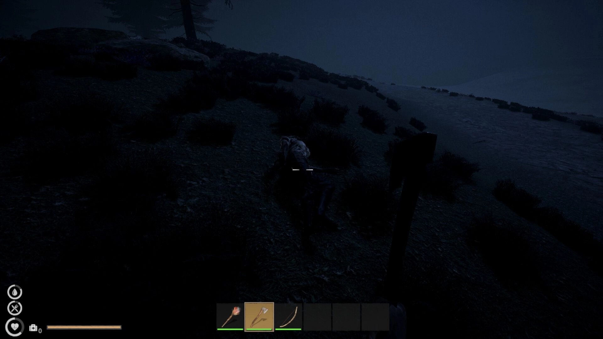 No Way Back: Player encounters infected creature on dark island path, with inventory bar visible below.