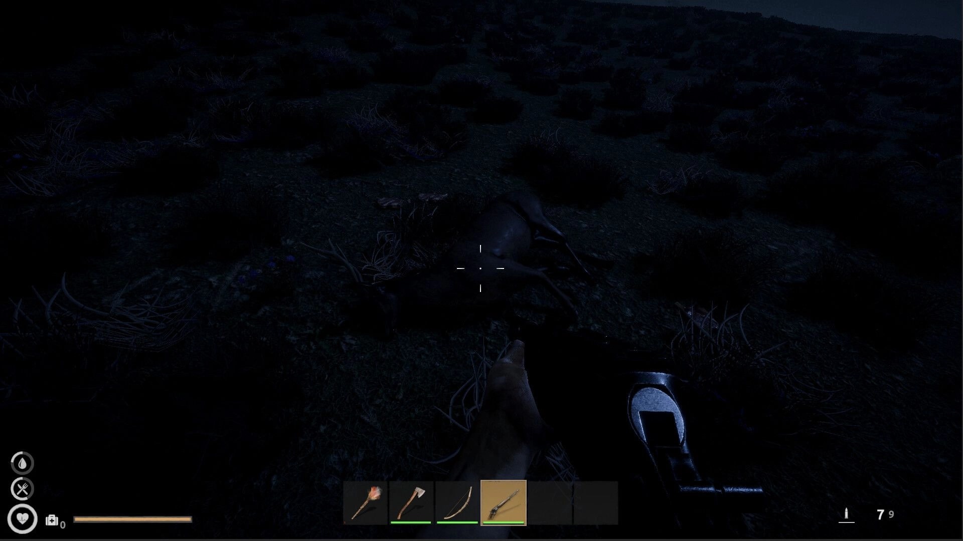 No Way Back: Player aims rifle at fallen deer in dark terrain with visible inventory and health indicators