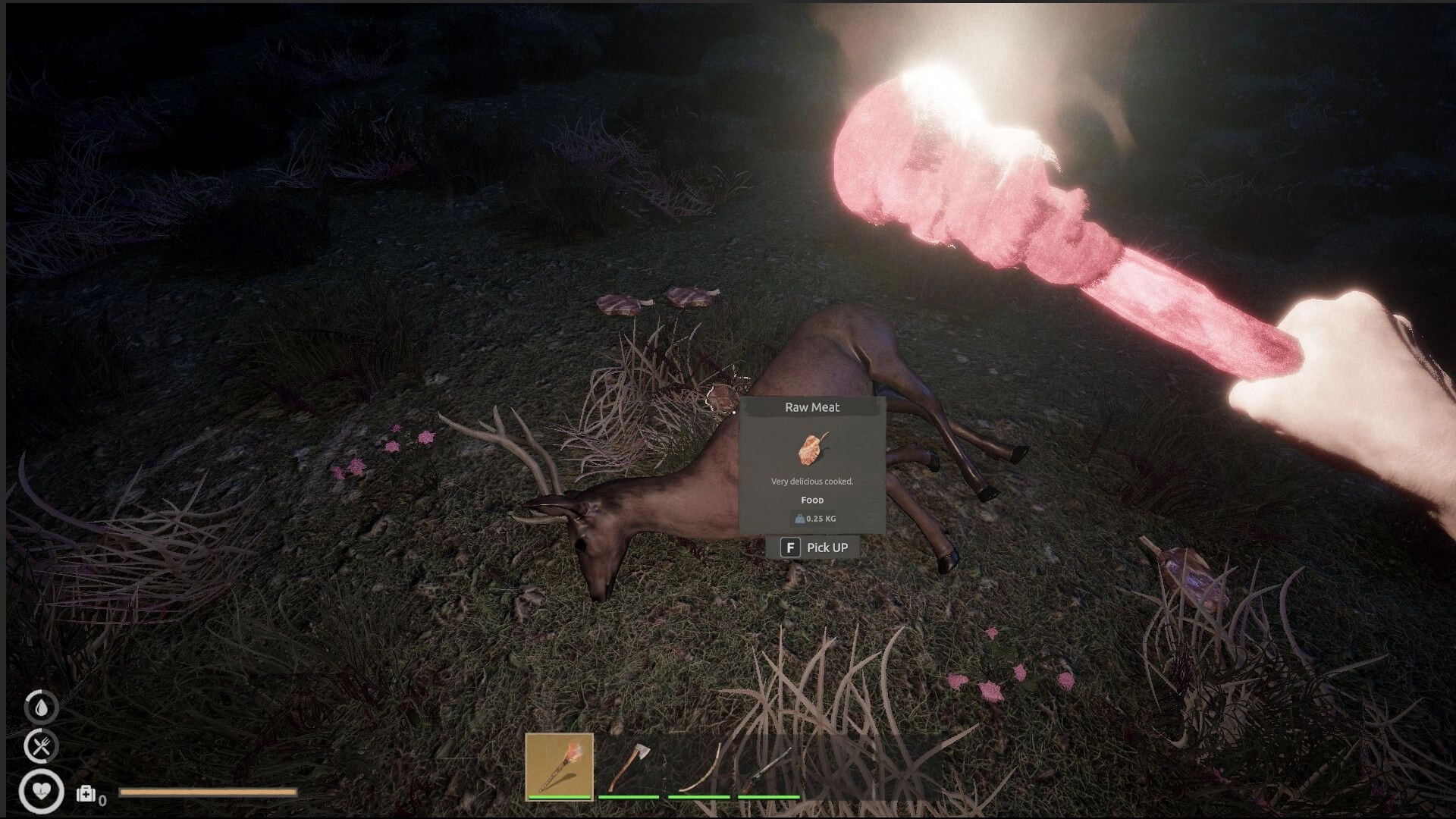 No Way Back: Player holding torch over deer carcass with raw meat prompt on forest floor